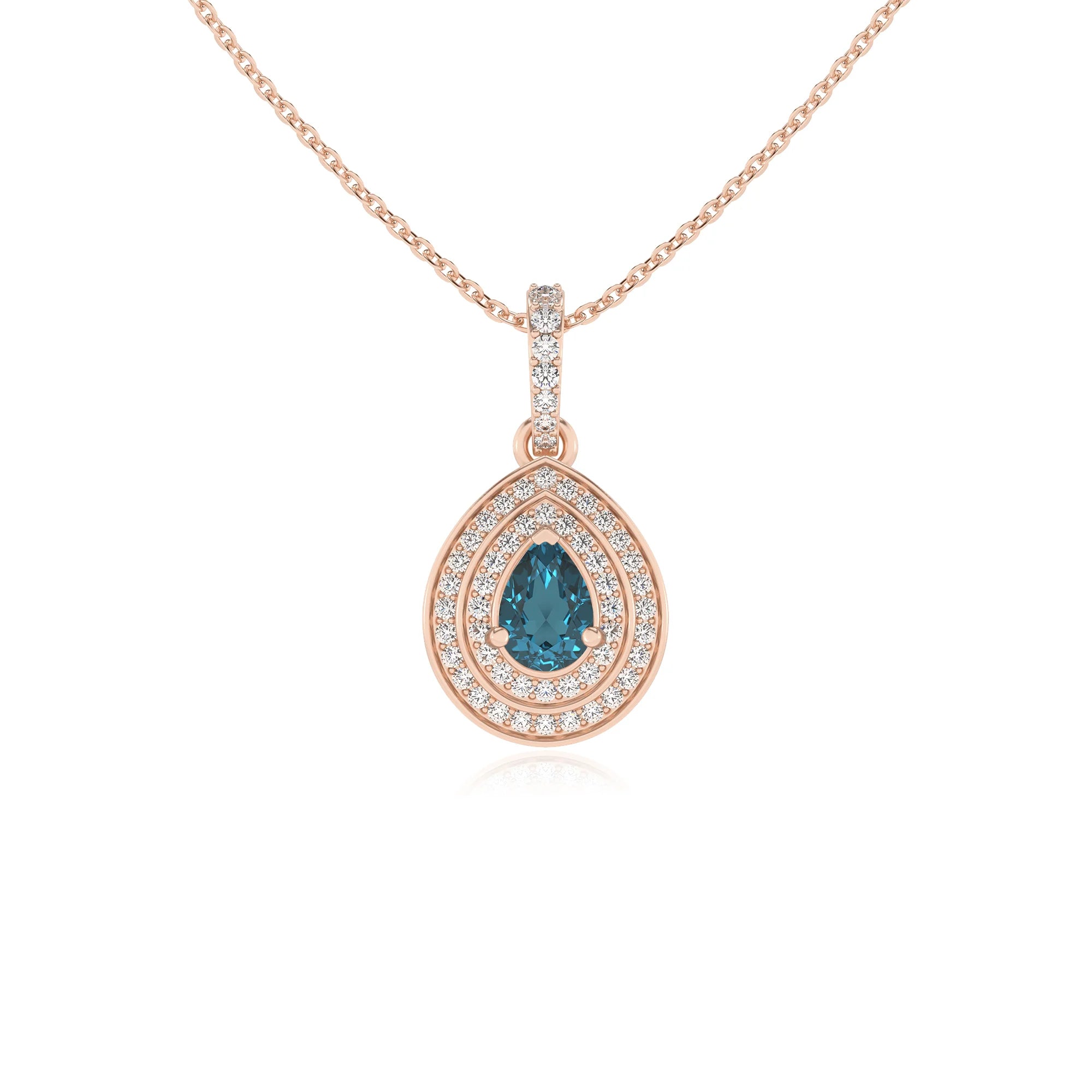 natural london-blue-topaz pear halo necklaces in rose gold