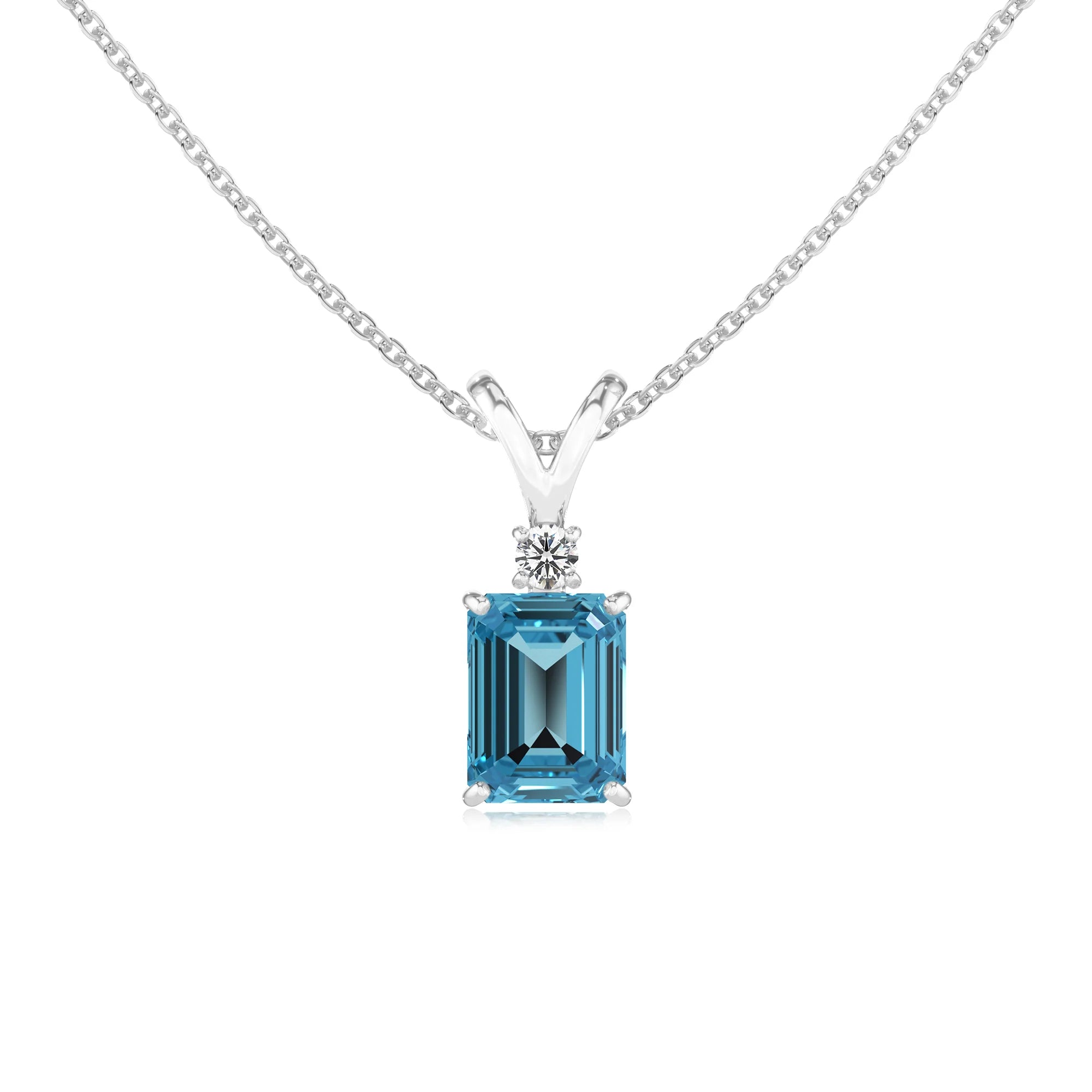 natural swiss-blue-topaz emerald cut solitaire v-bale necklaces in platinum