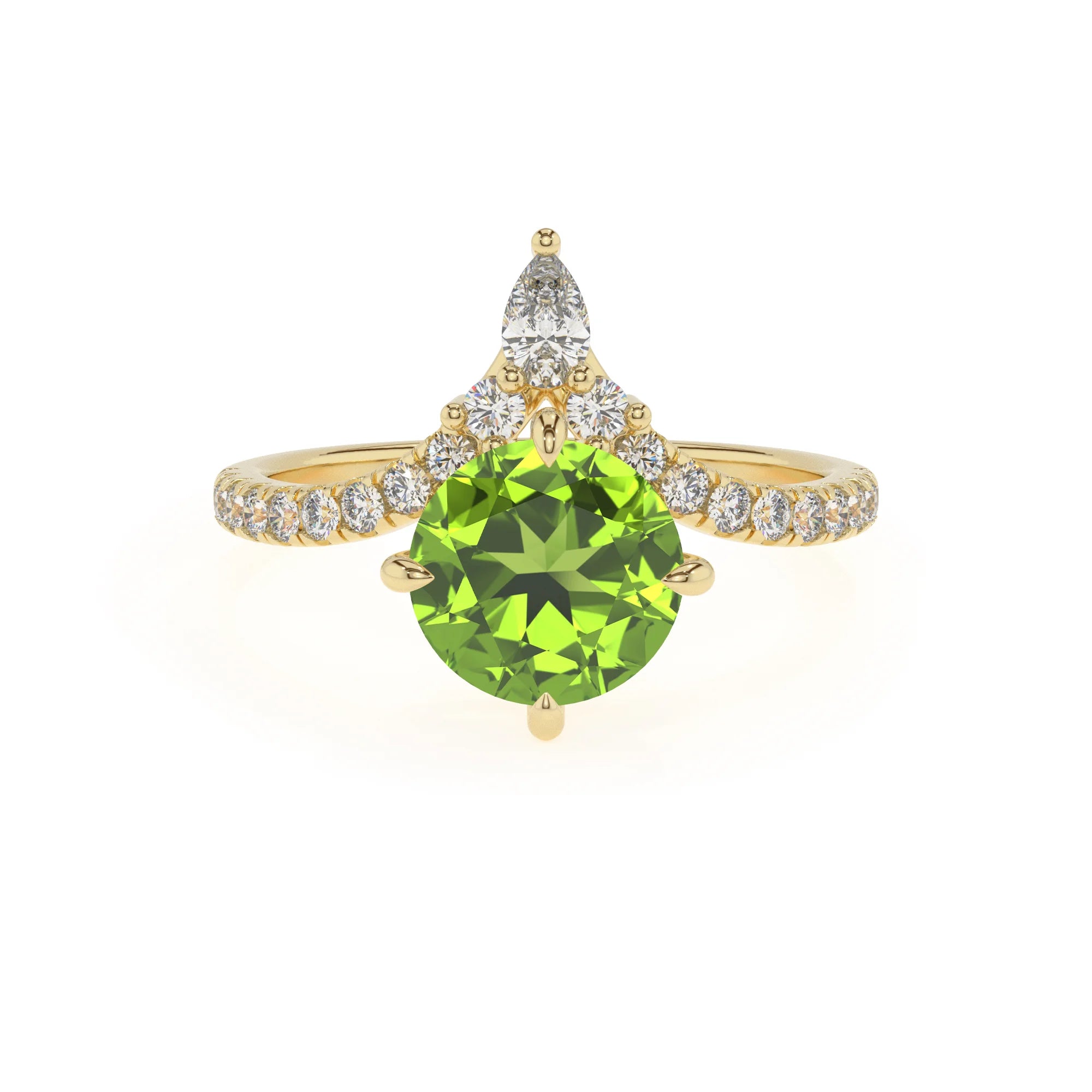 natural peridot round solitaire rings in yellow gold