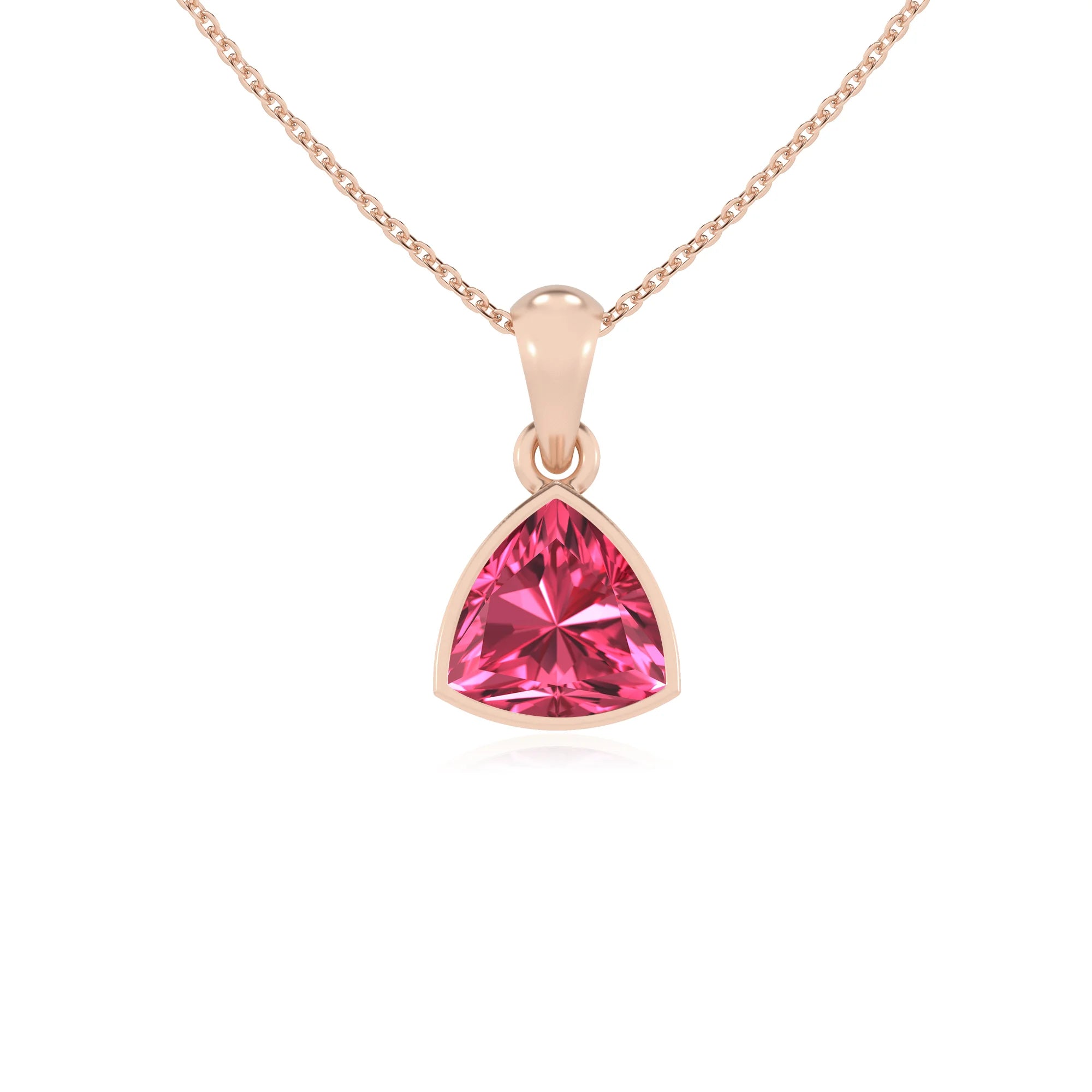 lab grown pink-tourmaline trillion solitaire necklaces in rose gold