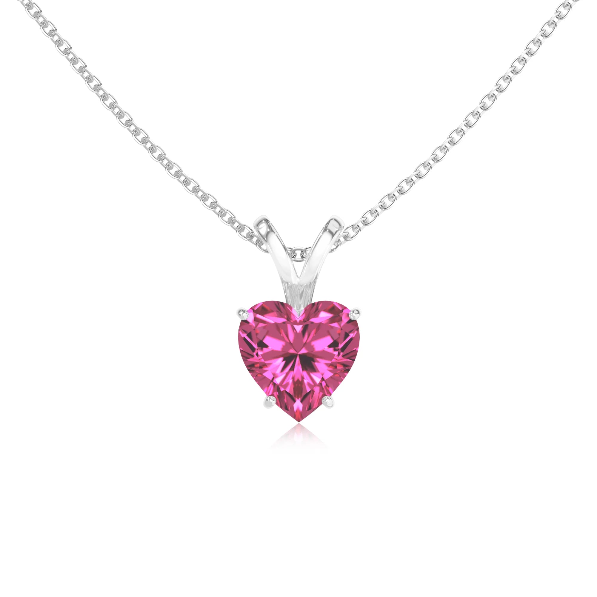 lab grown pink-sapphire heart solitaire v-bale necklaces in sterling silver