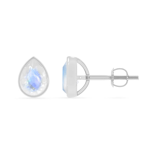 natural rainbow moonstone pear stud earrings in white gold
