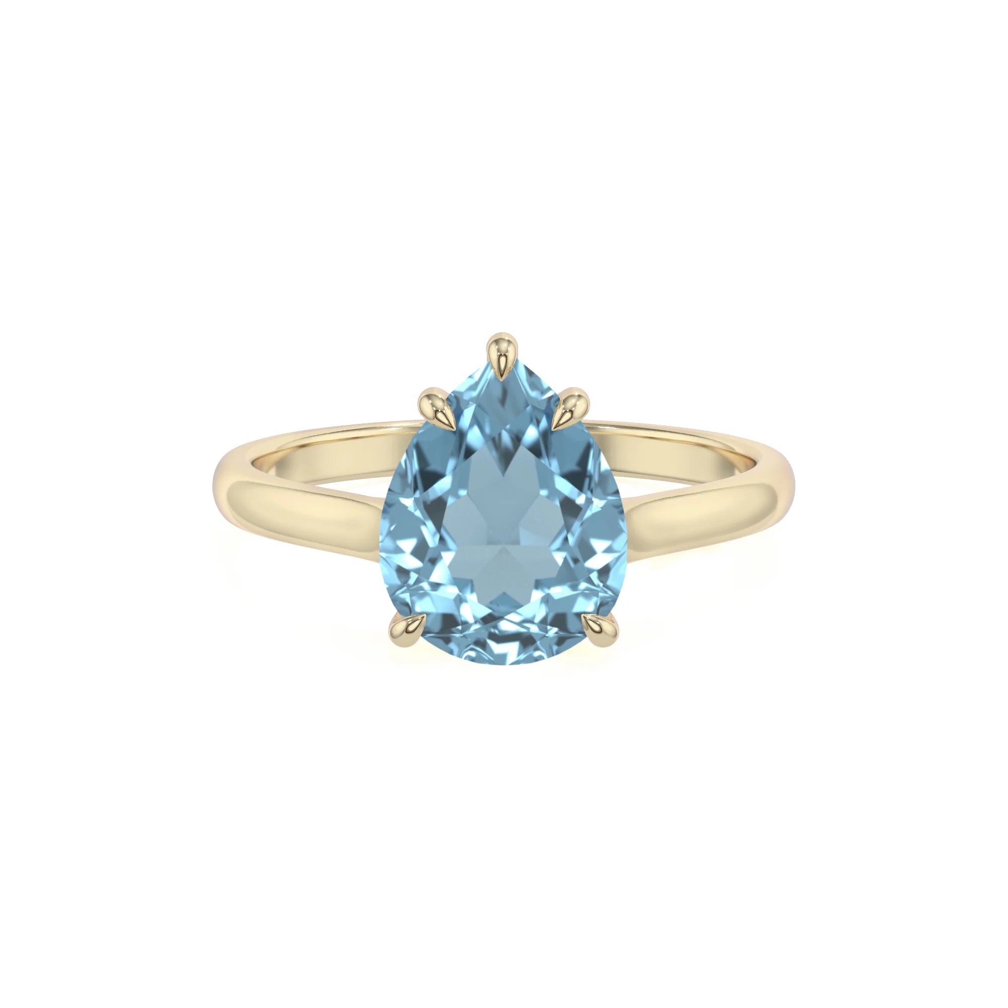 lab grown aquamarine pear solitaire rings in yellow gold