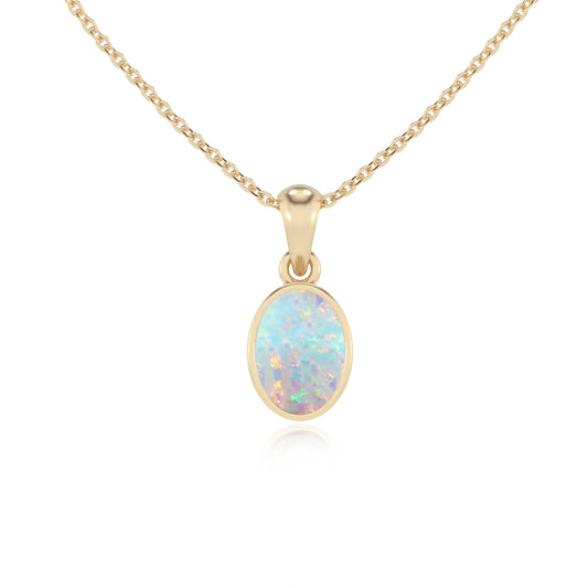 lab grown opal oval solitaire necklaces in yellow gold