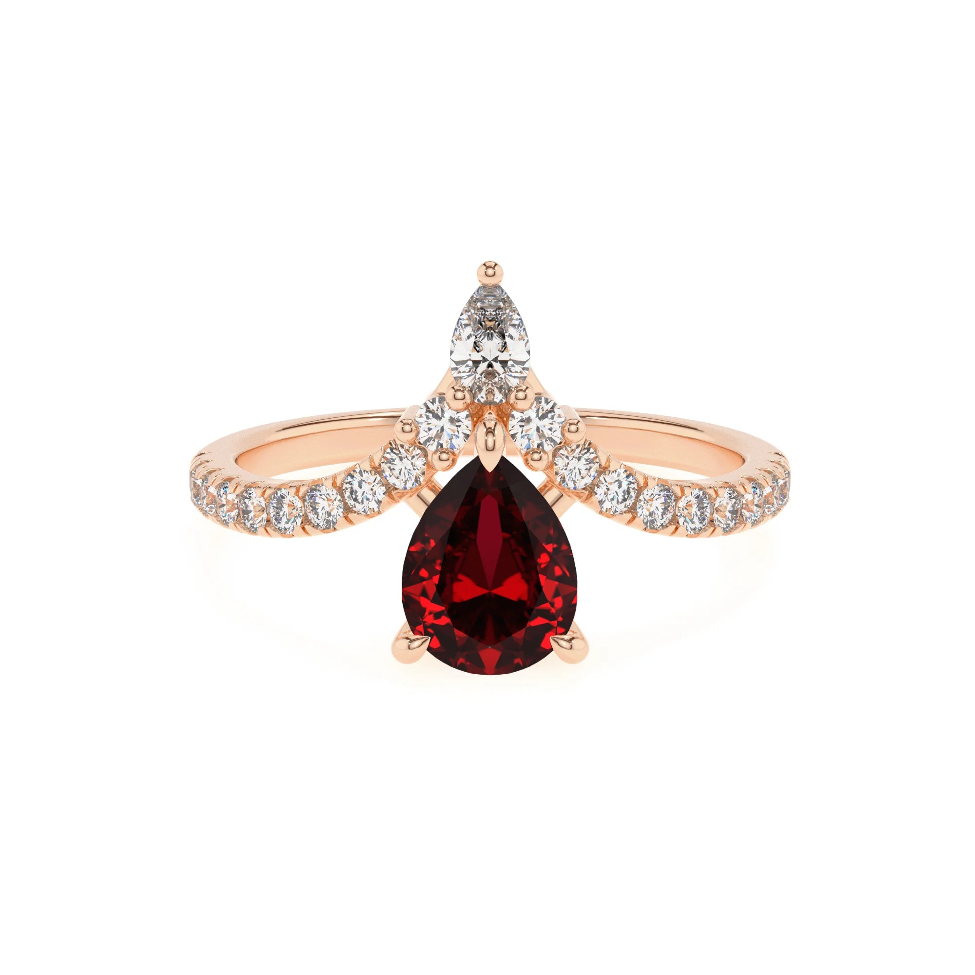 lab grown ruby pear solitaire rings in rose gold