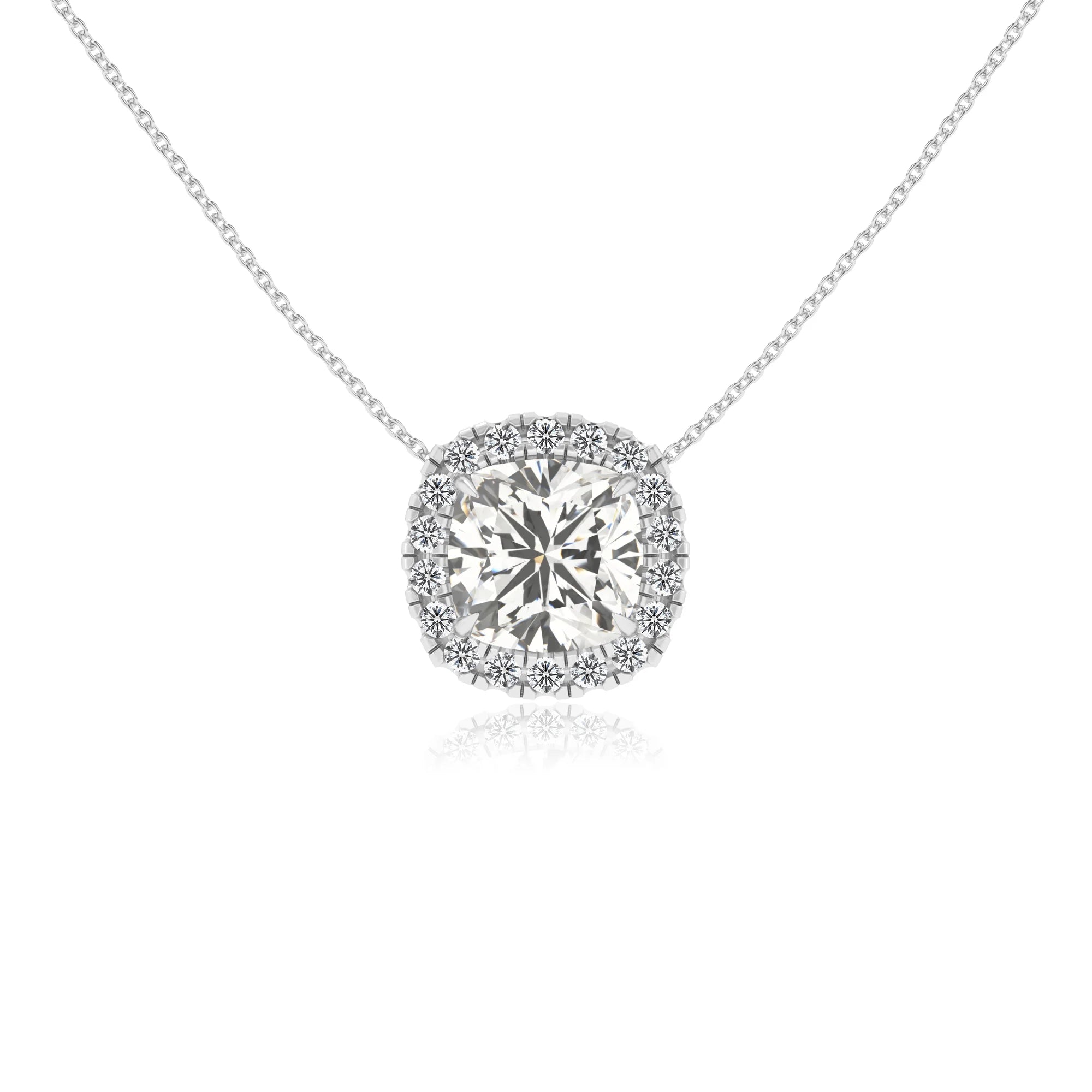 lab grown moissanite cushion solitaire necklaces in white gold