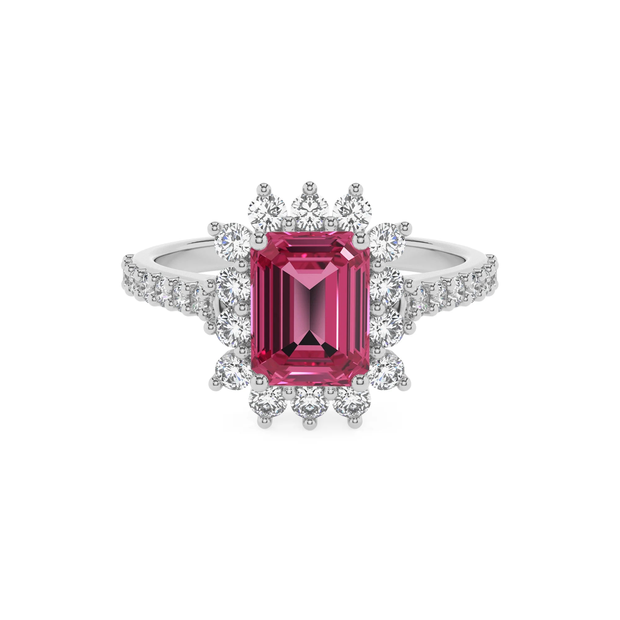 lab grown pink-tourmaline emerald cut solitaire rings in sterling silver