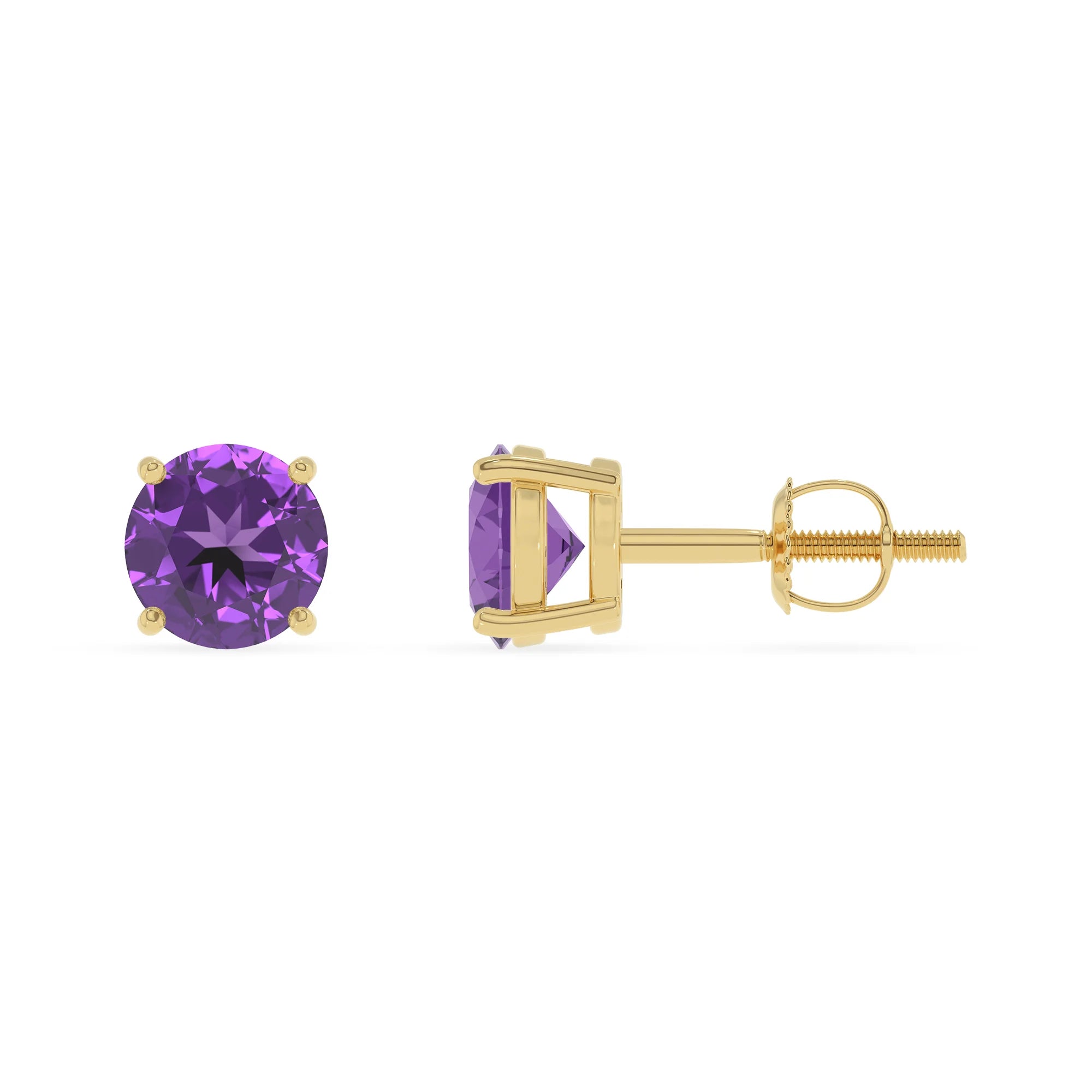 lab grown amethyst round stud earrings in yellow gold