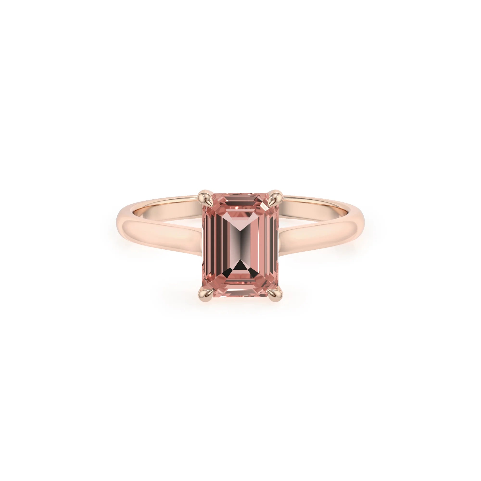 lab grown morganite emerald cut solitaire rings in rose gold