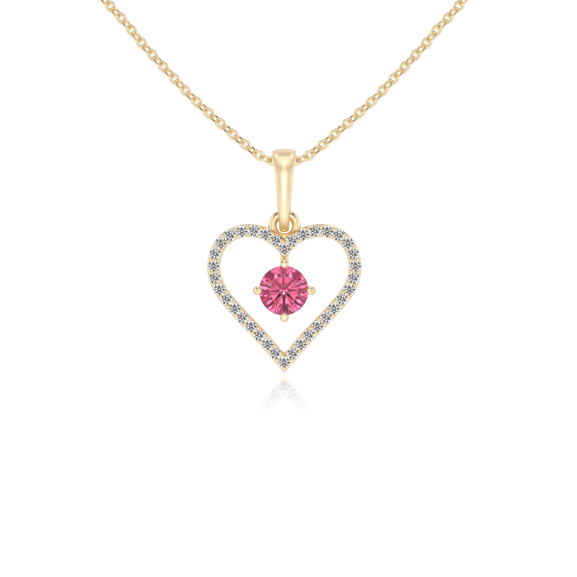 lab grown pink-tourmaline round infinity necklaces in yellow gold