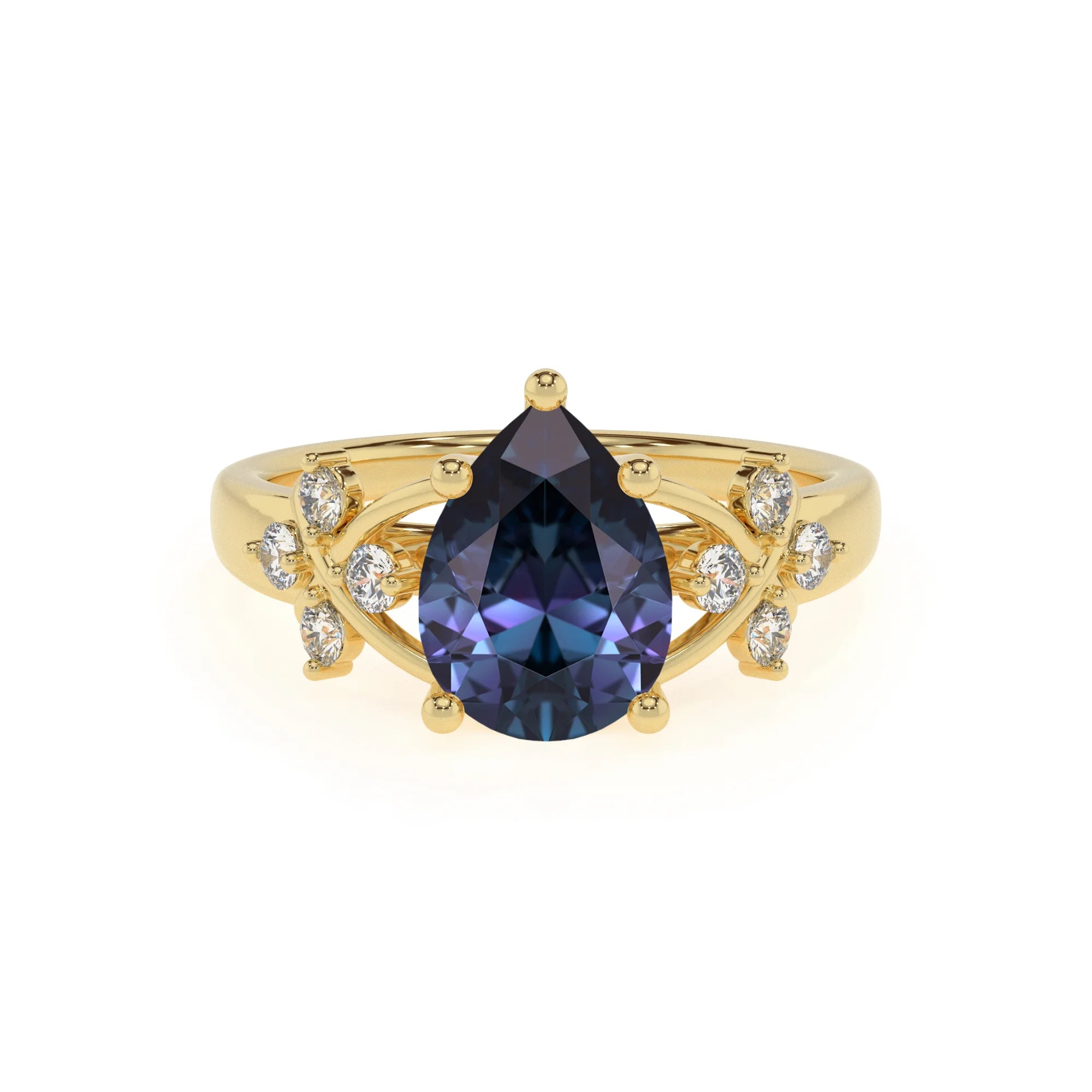 lab grown alexandrite pear solitaire rings in yellow gold