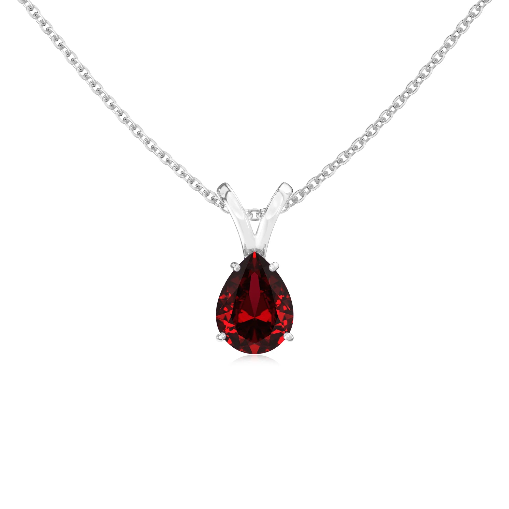 lab grown ruby pear solitaire v-bale necklaces in sterling silver