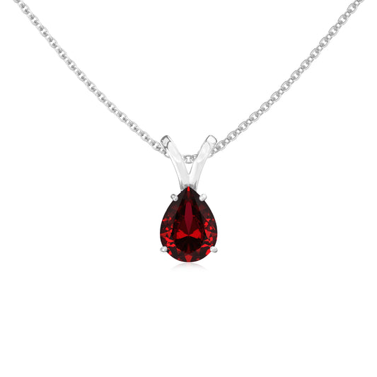 lab grown ruby pear solitaire v-bale necklaces in sterling silver