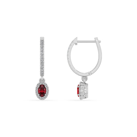 lab grown ruby oval drop earrings in white gold