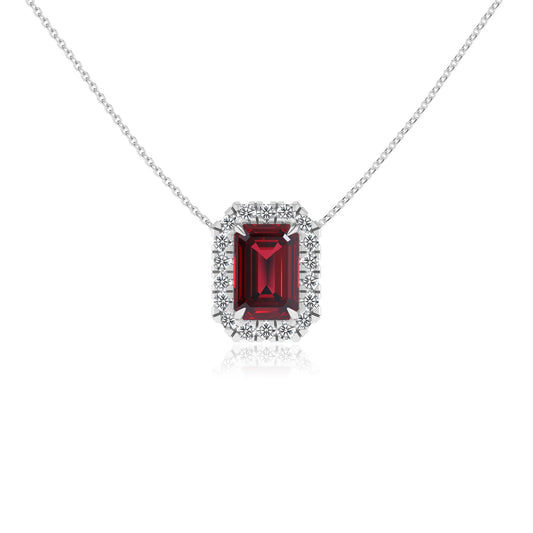 lab grown ruby emerald cut solitaire necklaces in platinum