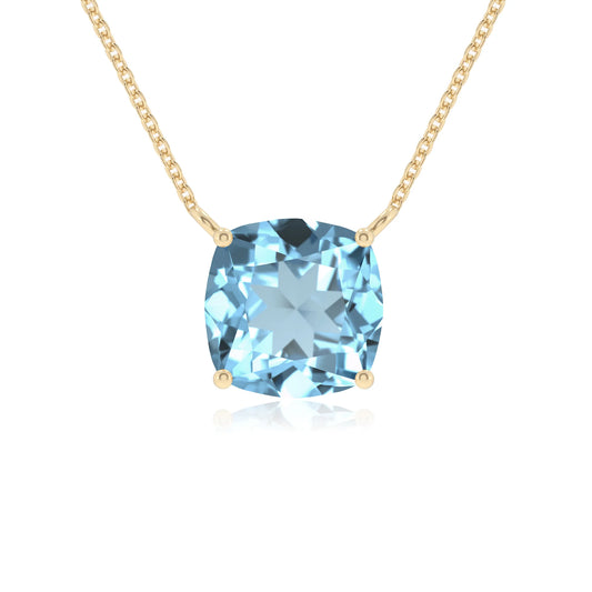 lab grown aquamarine cushion solitaire necklaces in yellow gold