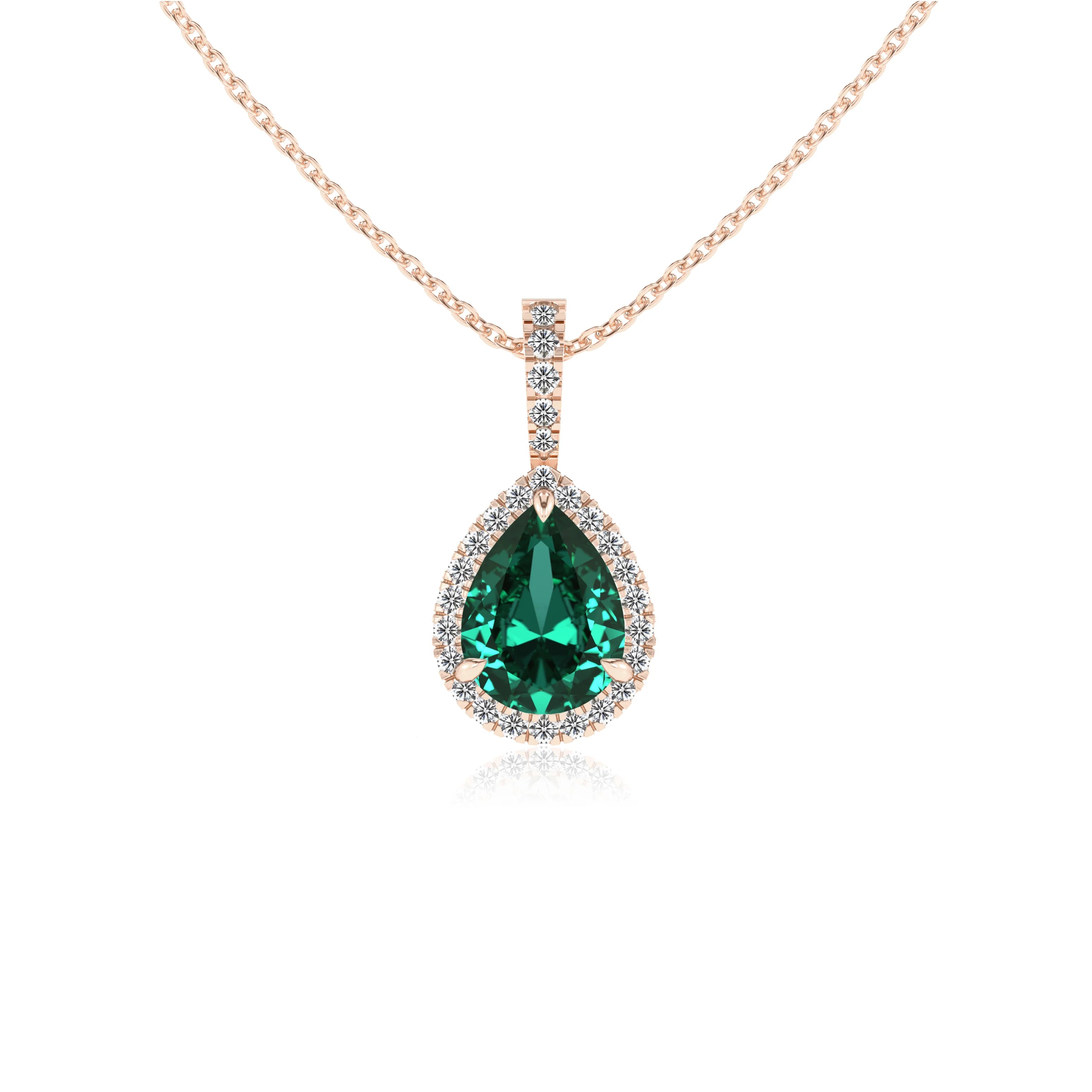 lab grown emerald pear solitaire necklaces in rose gold