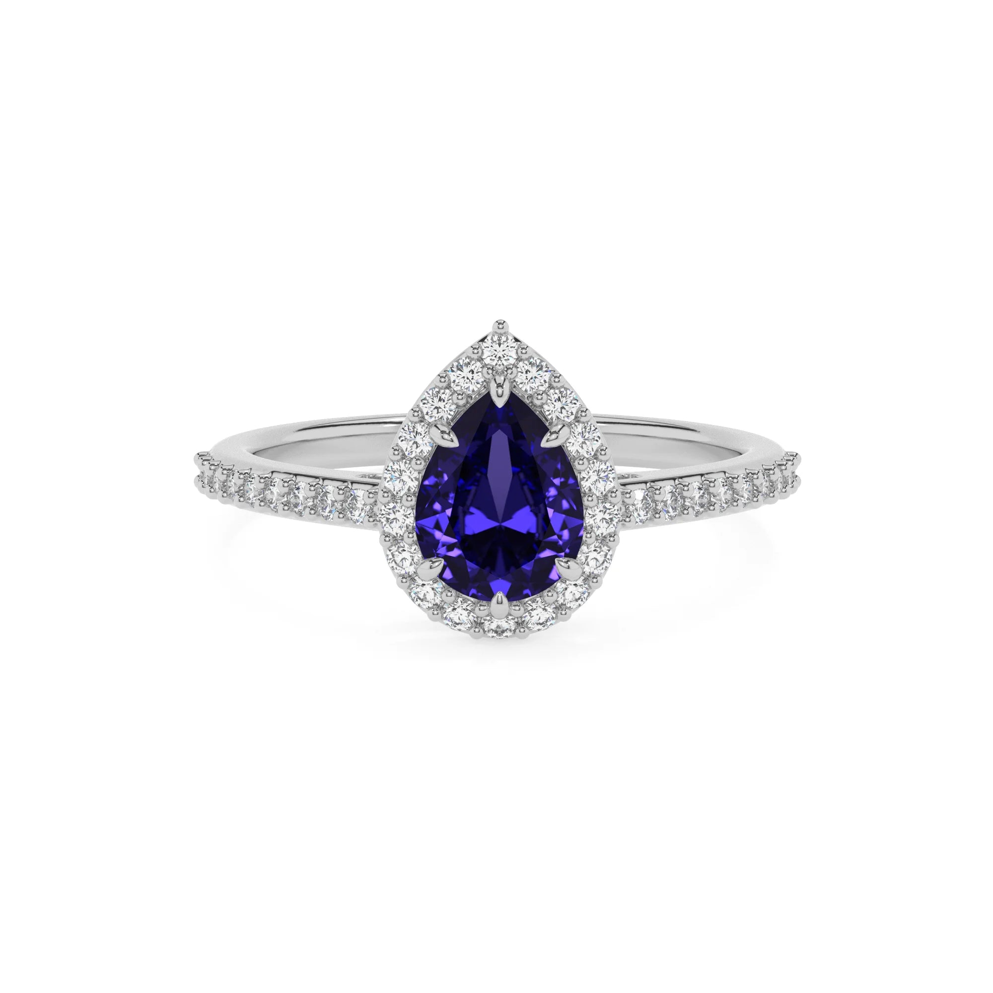 lab grown tanzanite pear solitaire rings in platinum