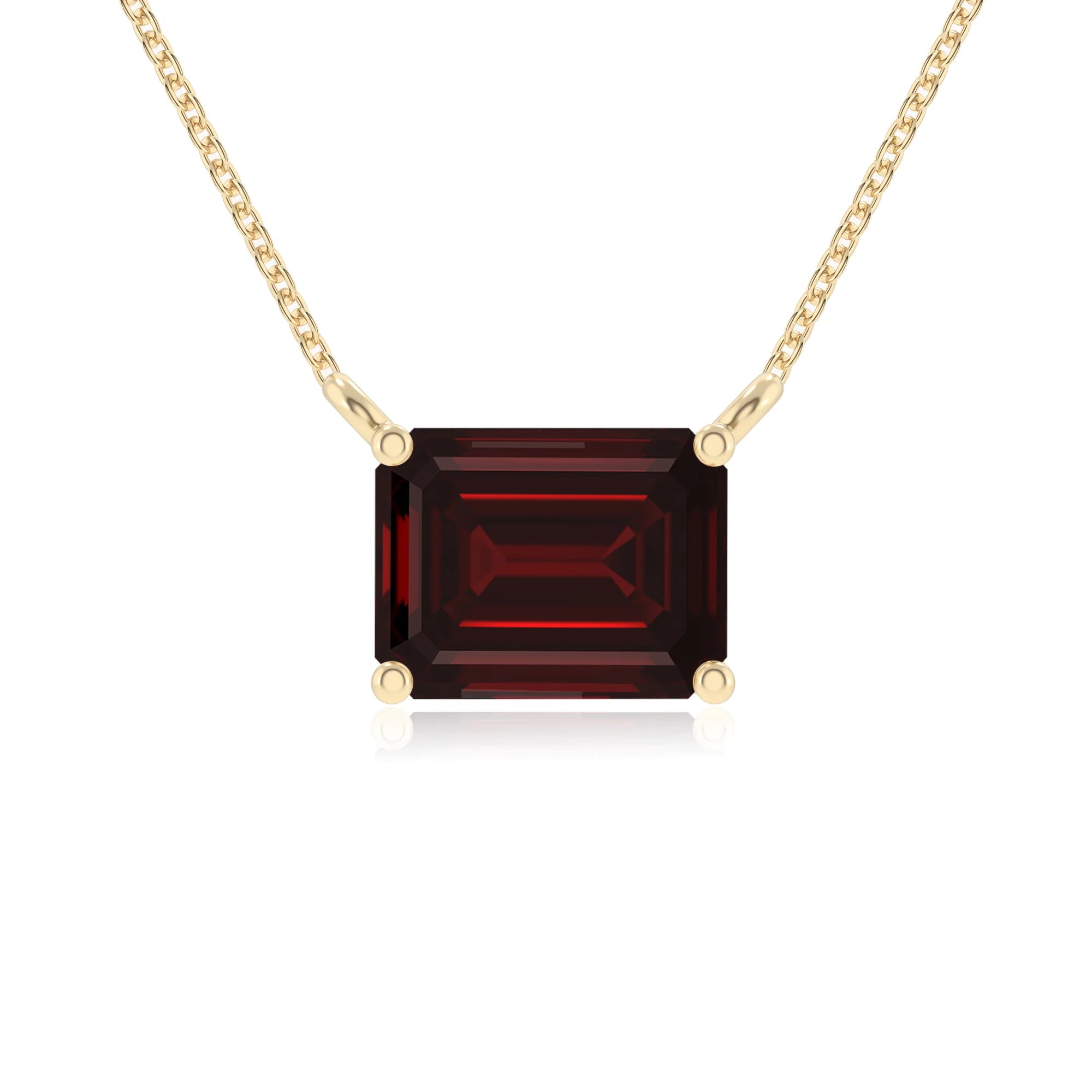 natural garnet emerald cut solitaire necklaces in yellow gold