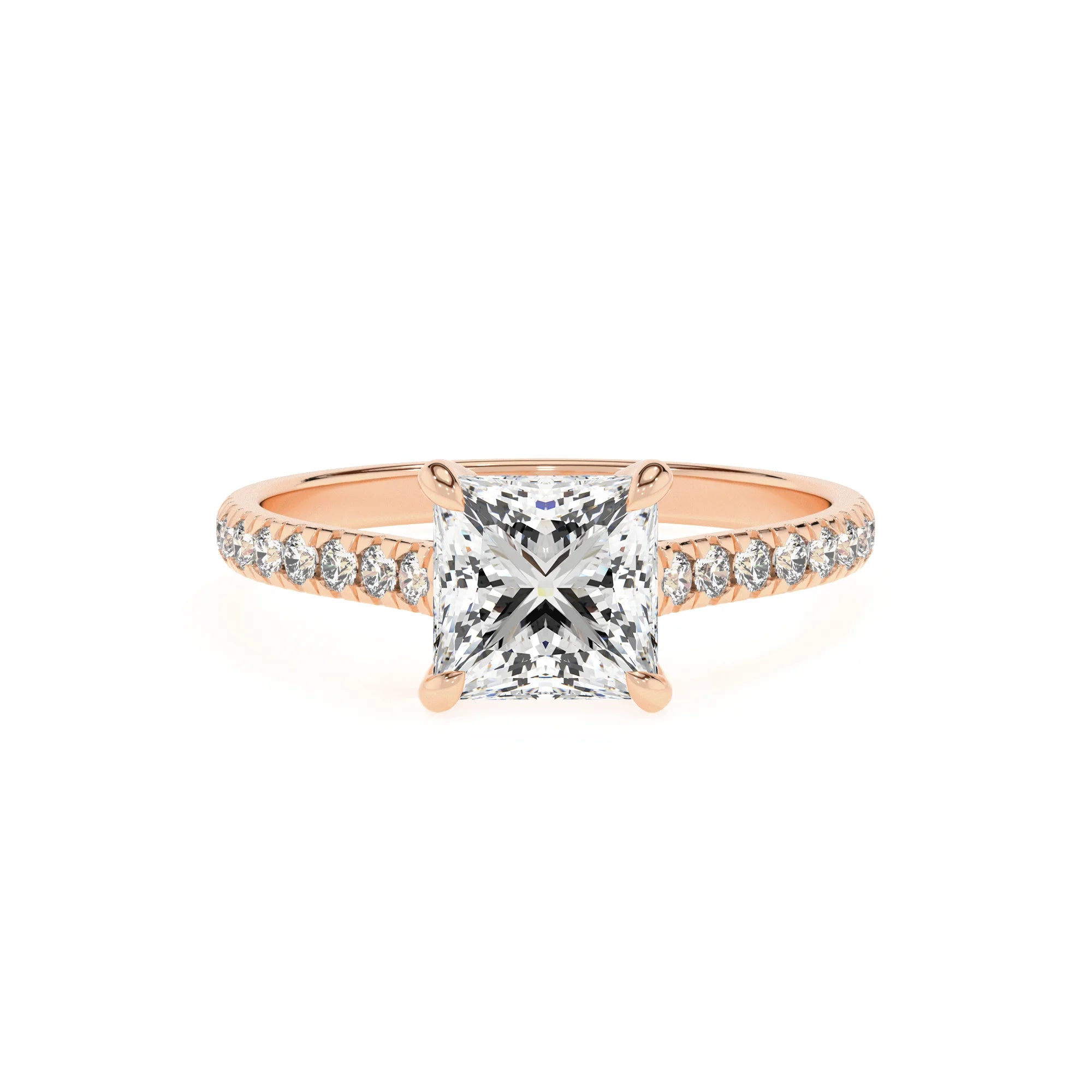 lab grown moissanite princess half eternity solitaire engagement rings in rose gold
