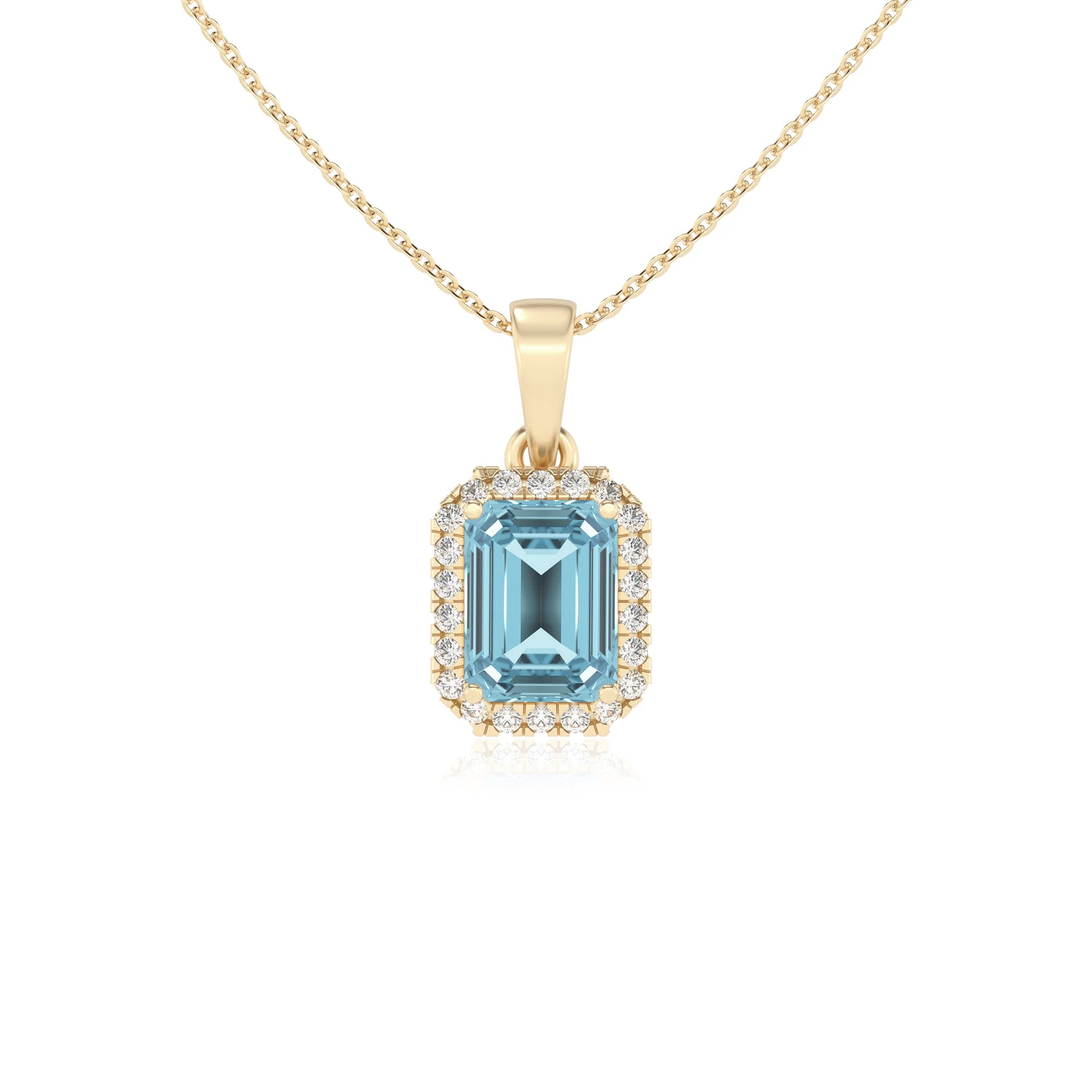 lab grown aquamarine emerald cut solitaire necklaces in yellow gold
