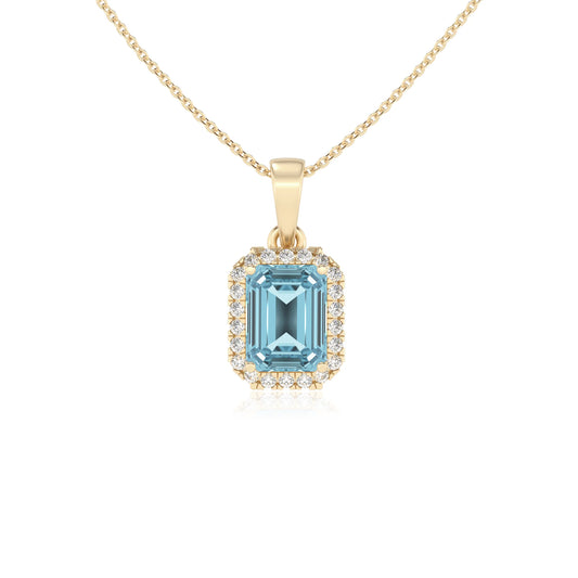 lab grown aquamarine emerald cut solitaire necklaces in yellow gold