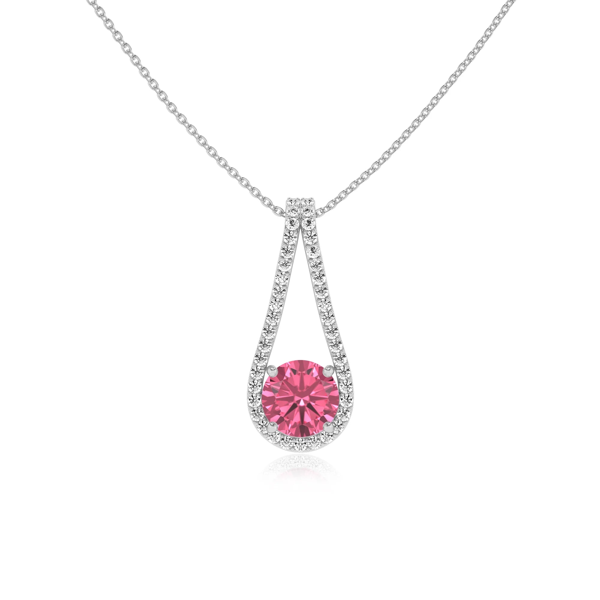 lab grown pink-tourmaline round solitaire v-bale necklaces in white gold