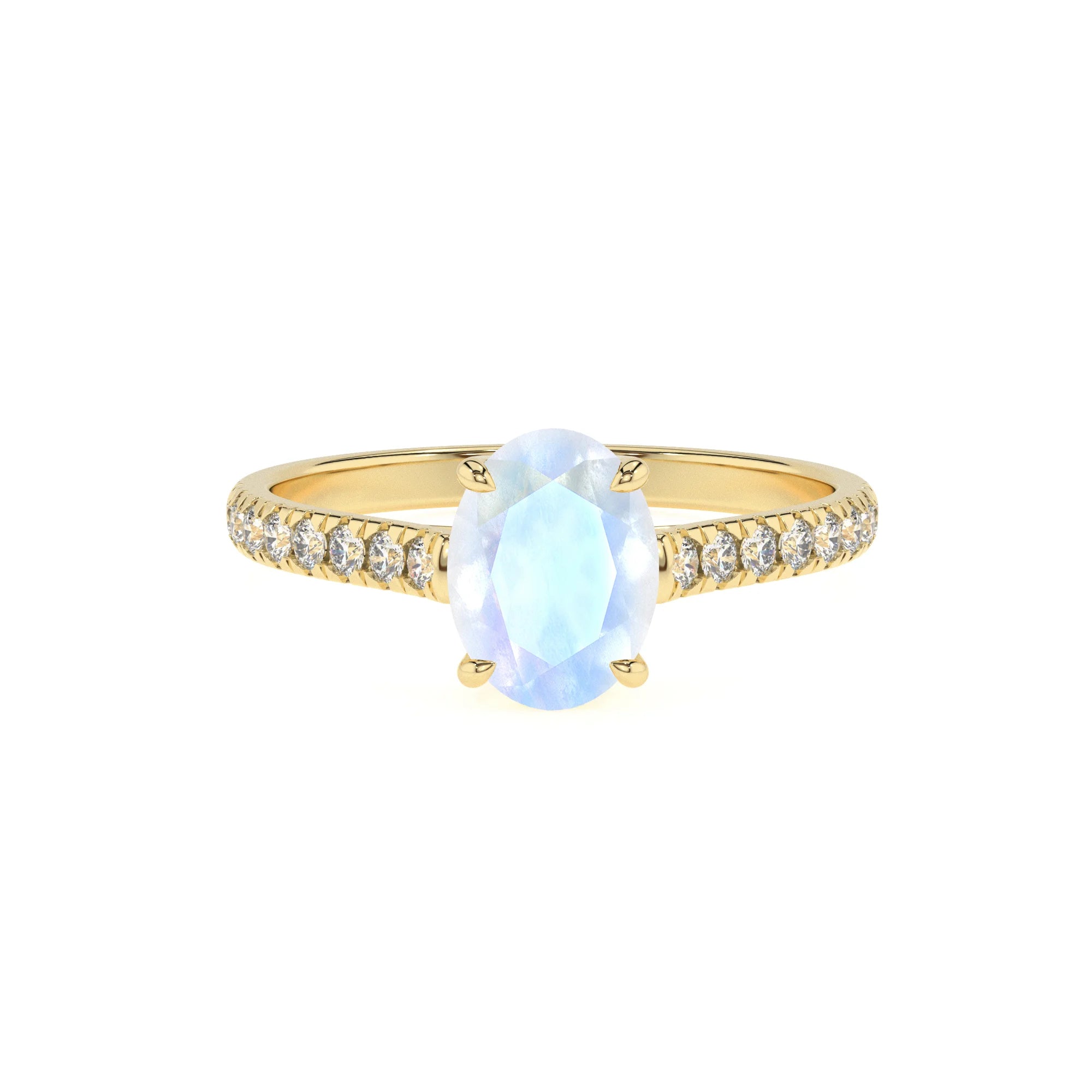 natural rainbow-moonstone oval half eternity solitaire engagement rings in yellow gold