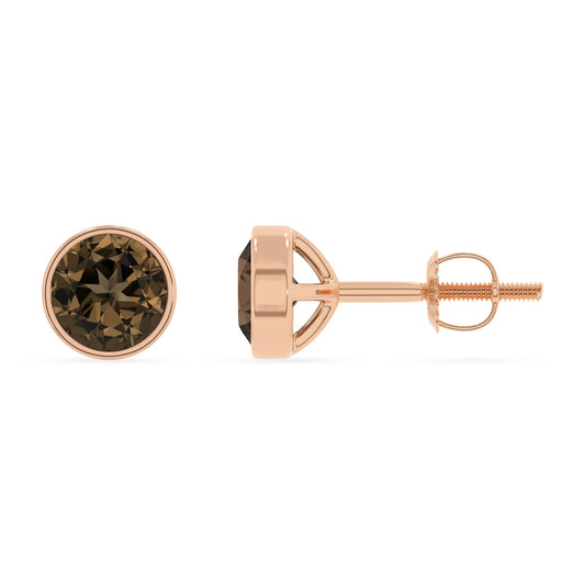 natural smoky quartz round stud earrings in rose gold