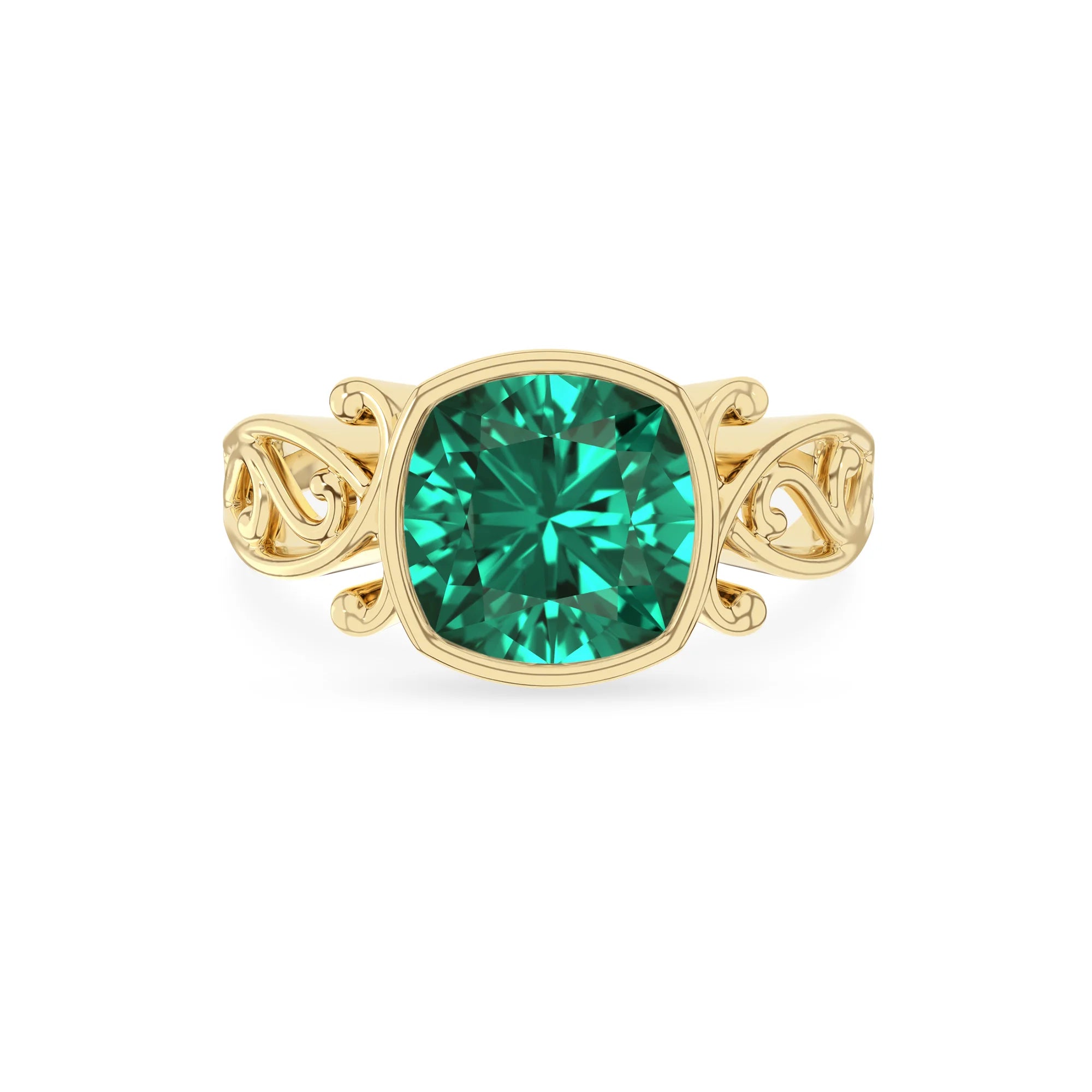 lab grown emerald cushion solitaire rings in yellow gold