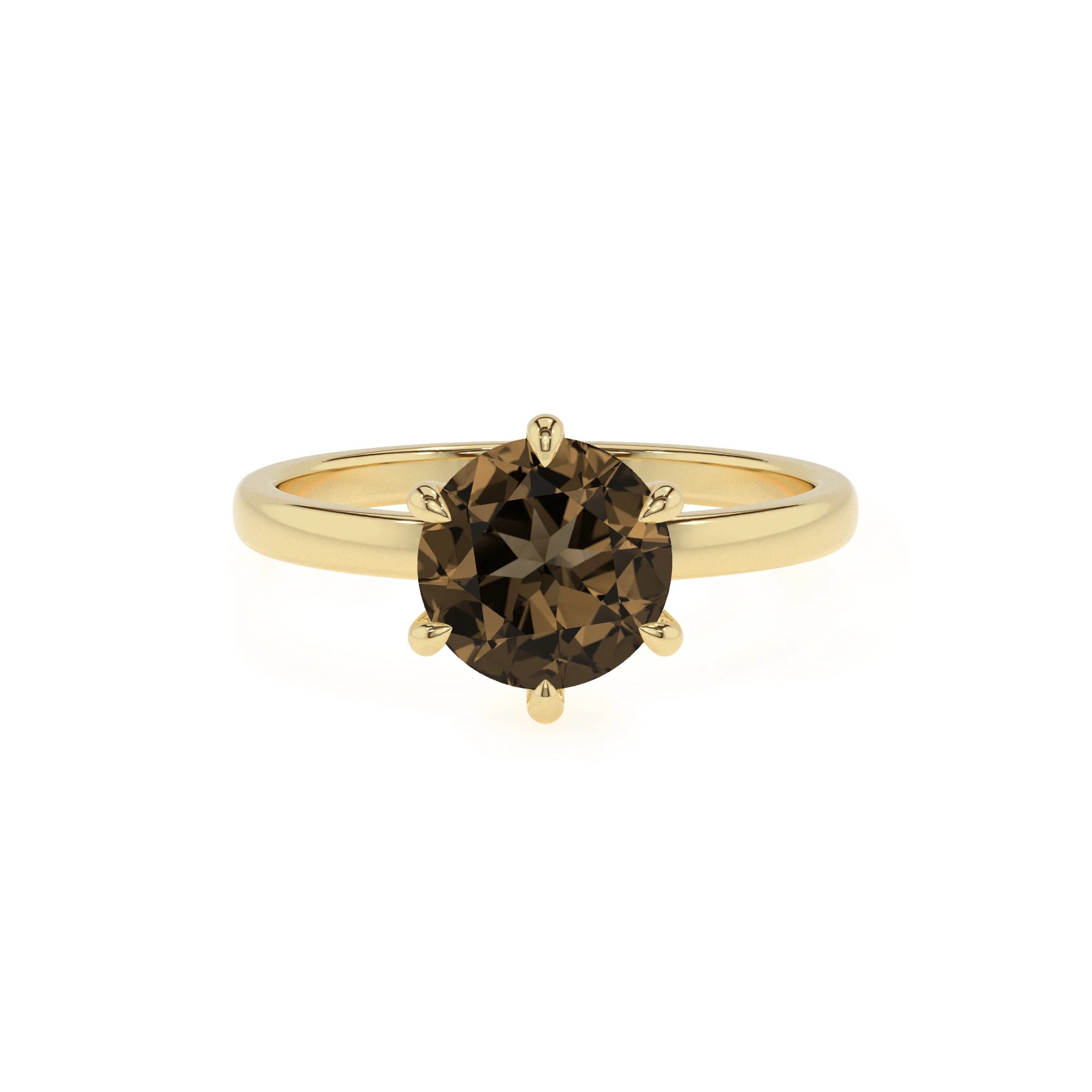 natural smoky-quartz round solitaire rings in yellow gold