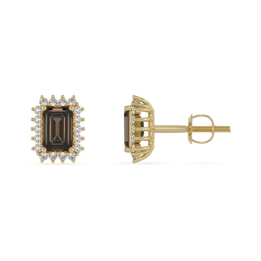 natural smoky quartz emerald cut stud earrings in yellow gold