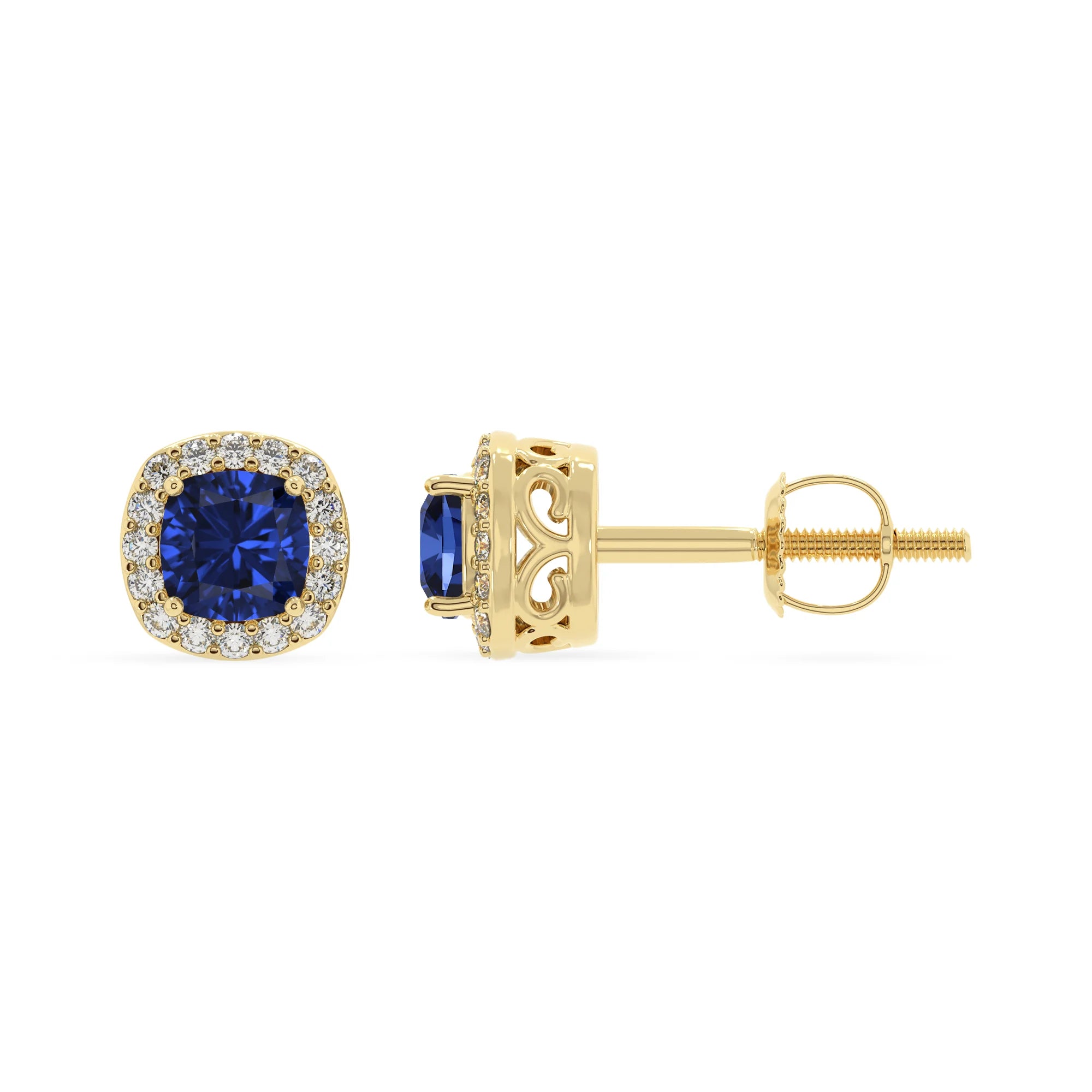 lab grown blue sapphire cushion stud earrings in yellow gold