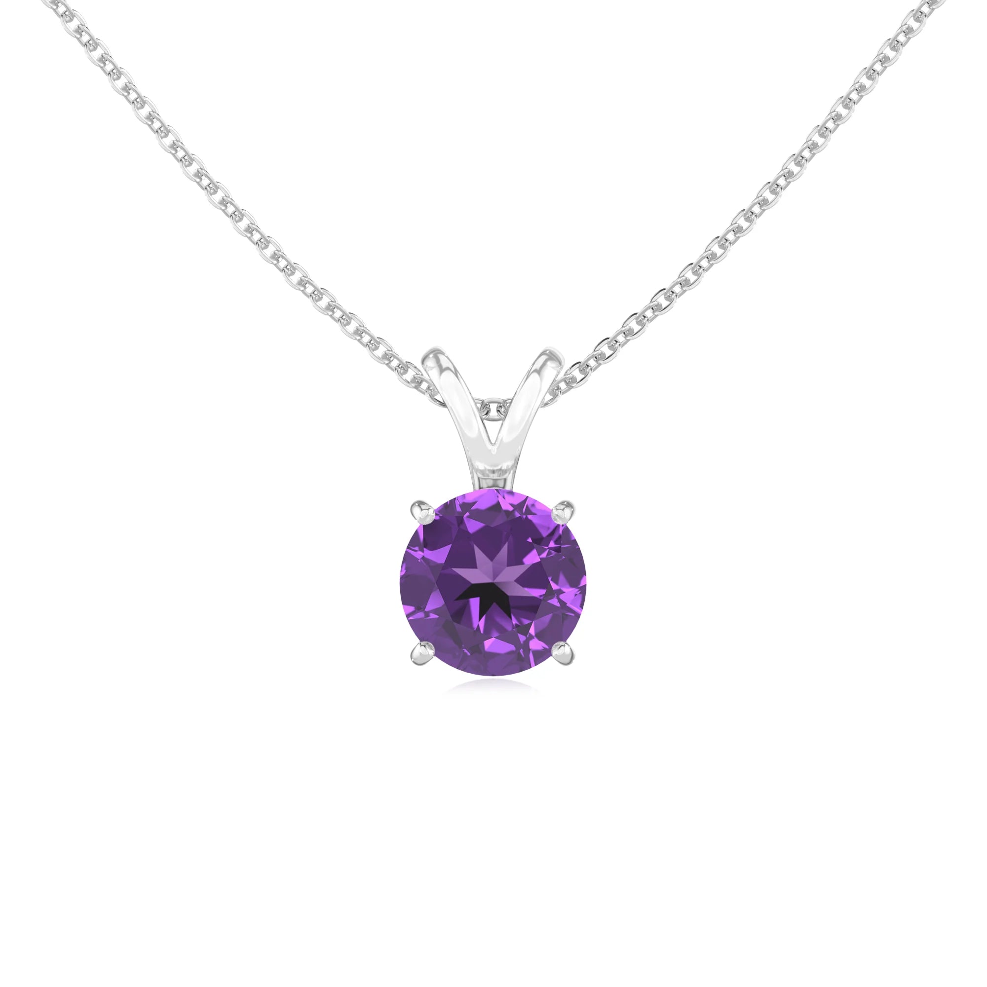 lab grown amethyst round solitaire v-bale necklaces in platinum