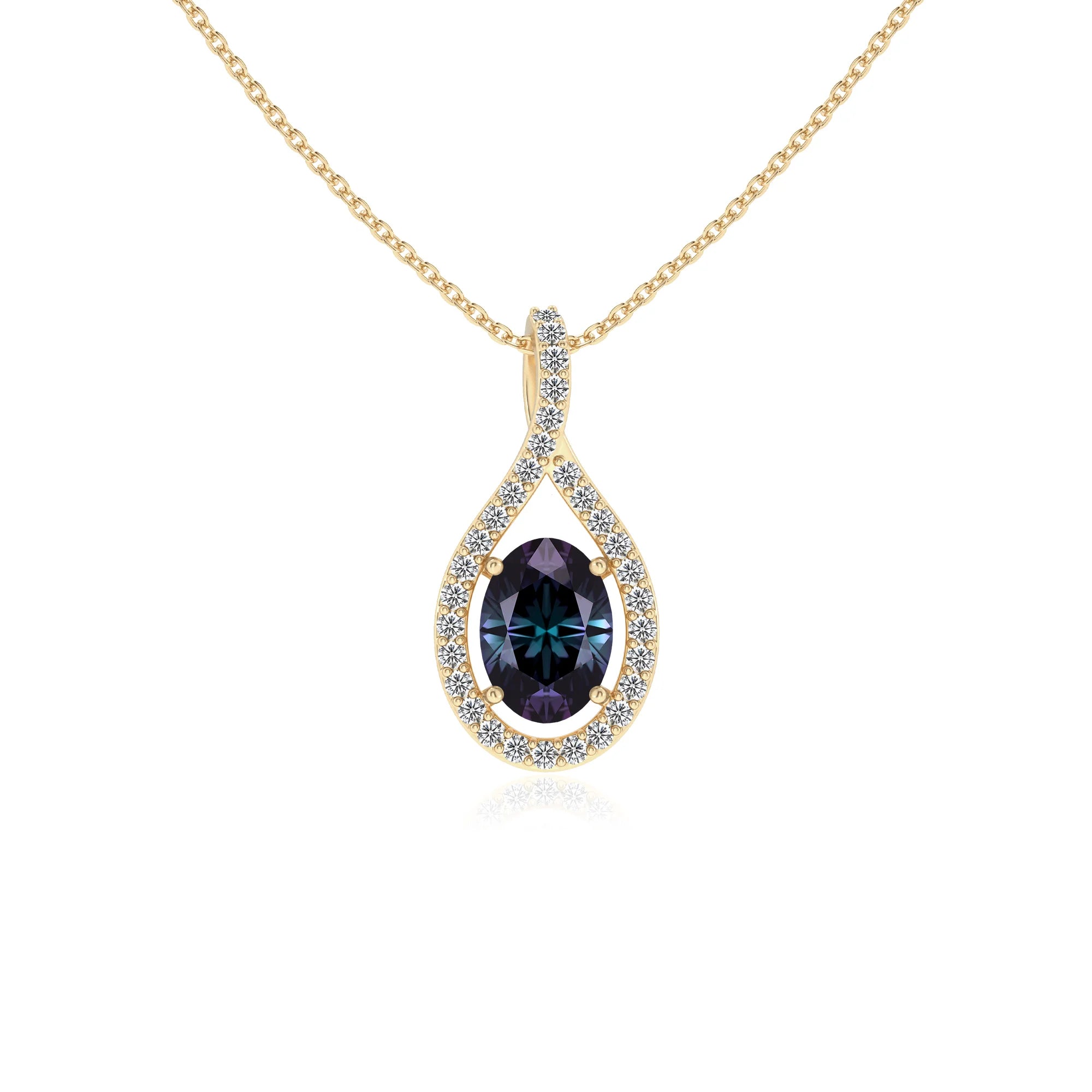 lab grown alexandrite oval solitaire necklaces in yellow gold