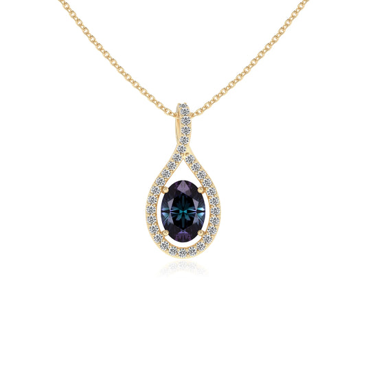 lab grown alexandrite oval solitaire necklaces in yellow gold
