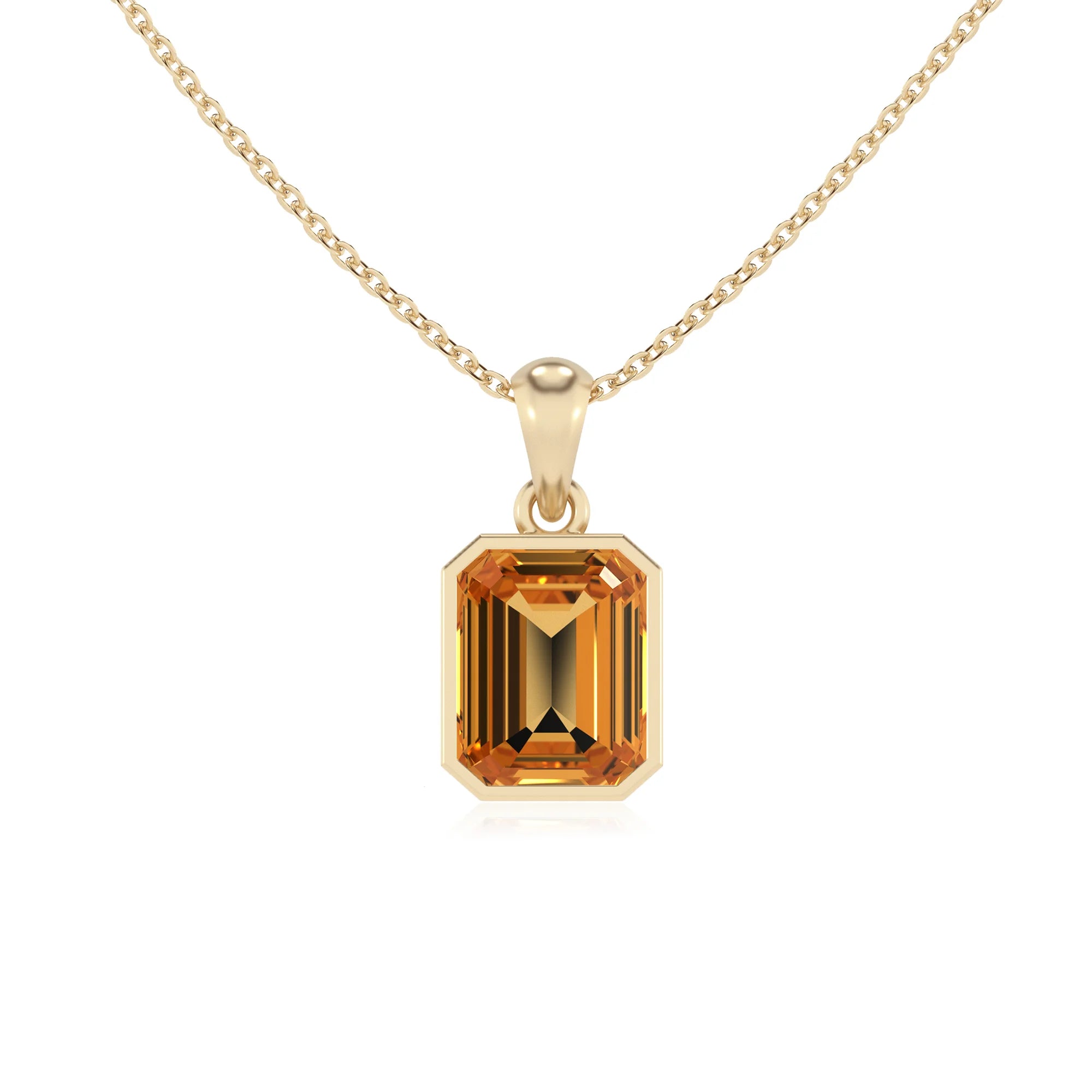 lab grown citrine emerald cut solitaire necklaces in yellow gold