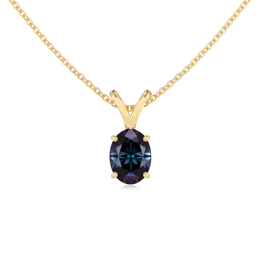 lab grown alexandrite oval solitaire v-bale necklaces in yellow gold