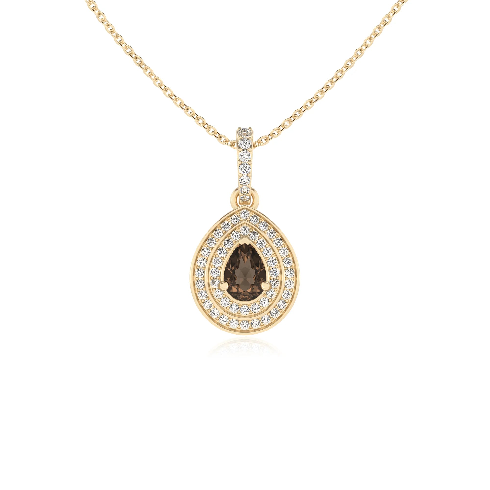 natural smoky-quartz pear halo necklaces in yellow gold