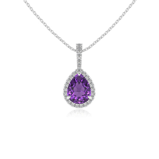 lab grown amethyst pear solitaire necklaces in white gold