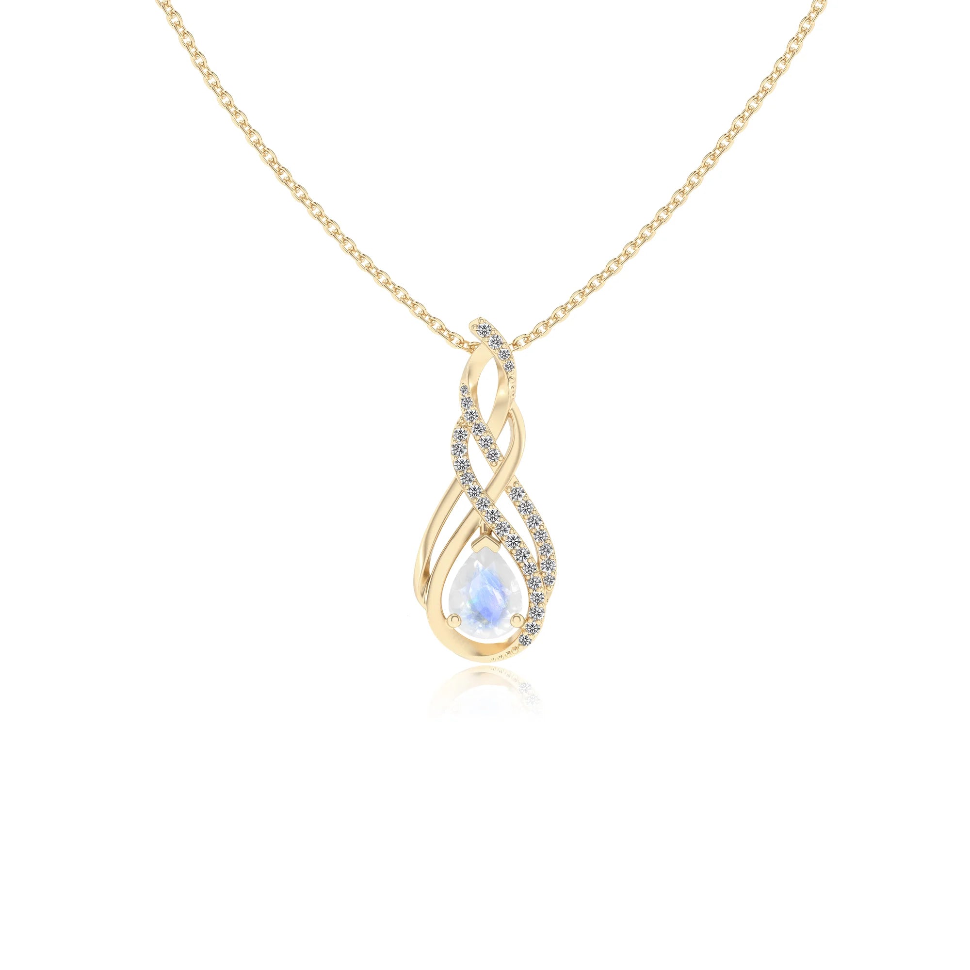 natural rainbow-moonstone pear solitaire necklaces in yellow gold
