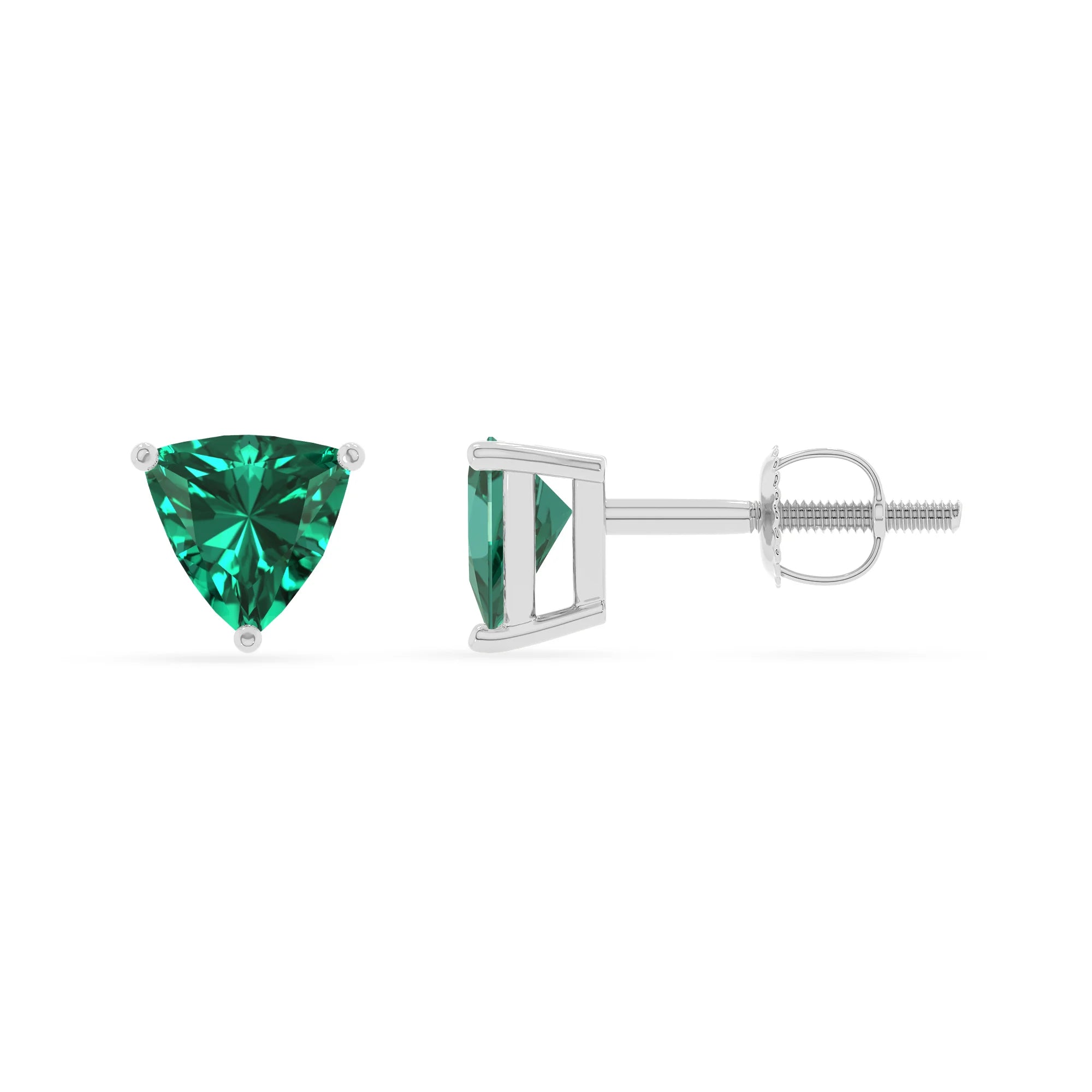 lab grown emerald trillion stud earrings in white gold
