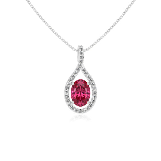 lab grown pink-tourmaline oval solitaire necklaces in white gold