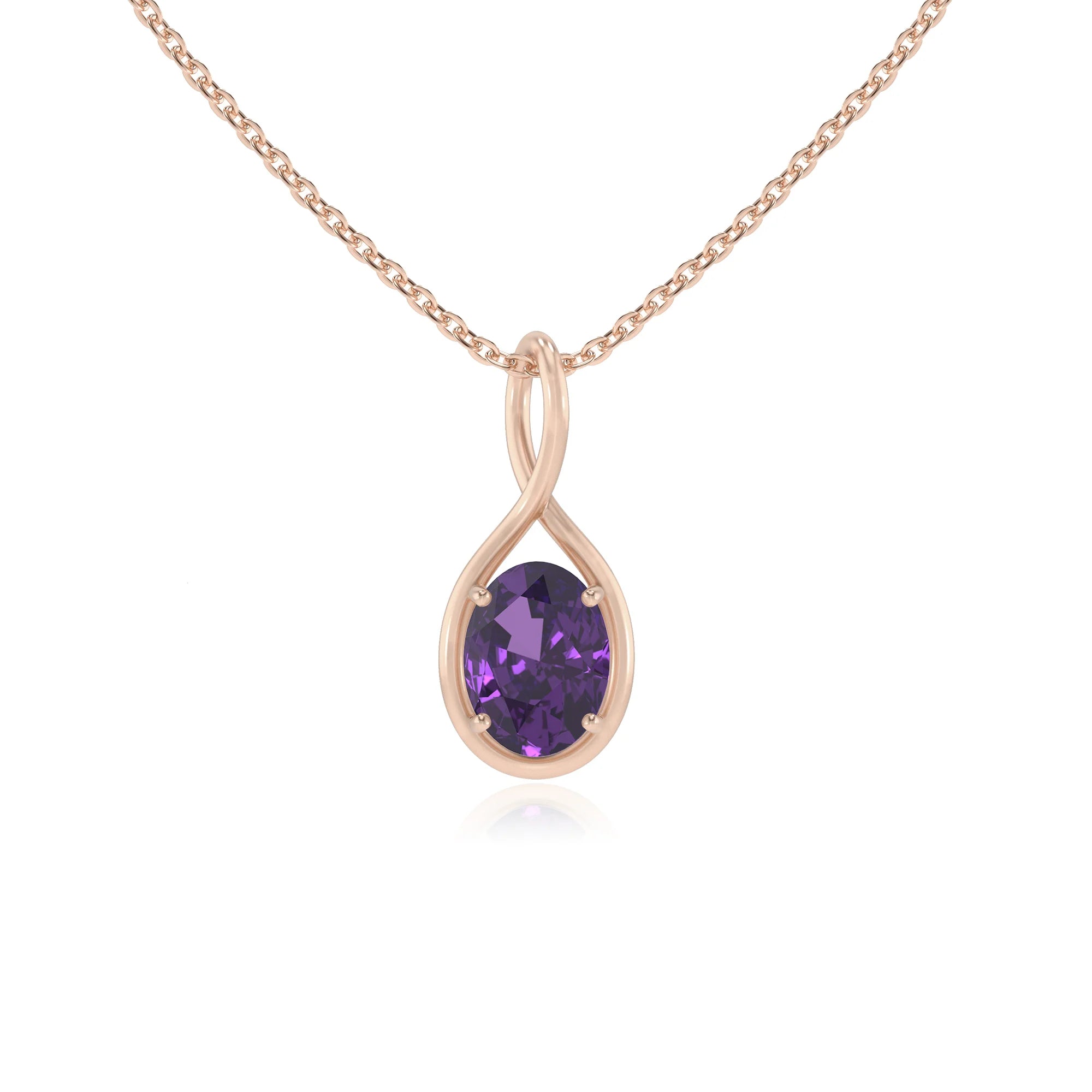 lab grown amethyst oval solitaire necklaces in rose gold