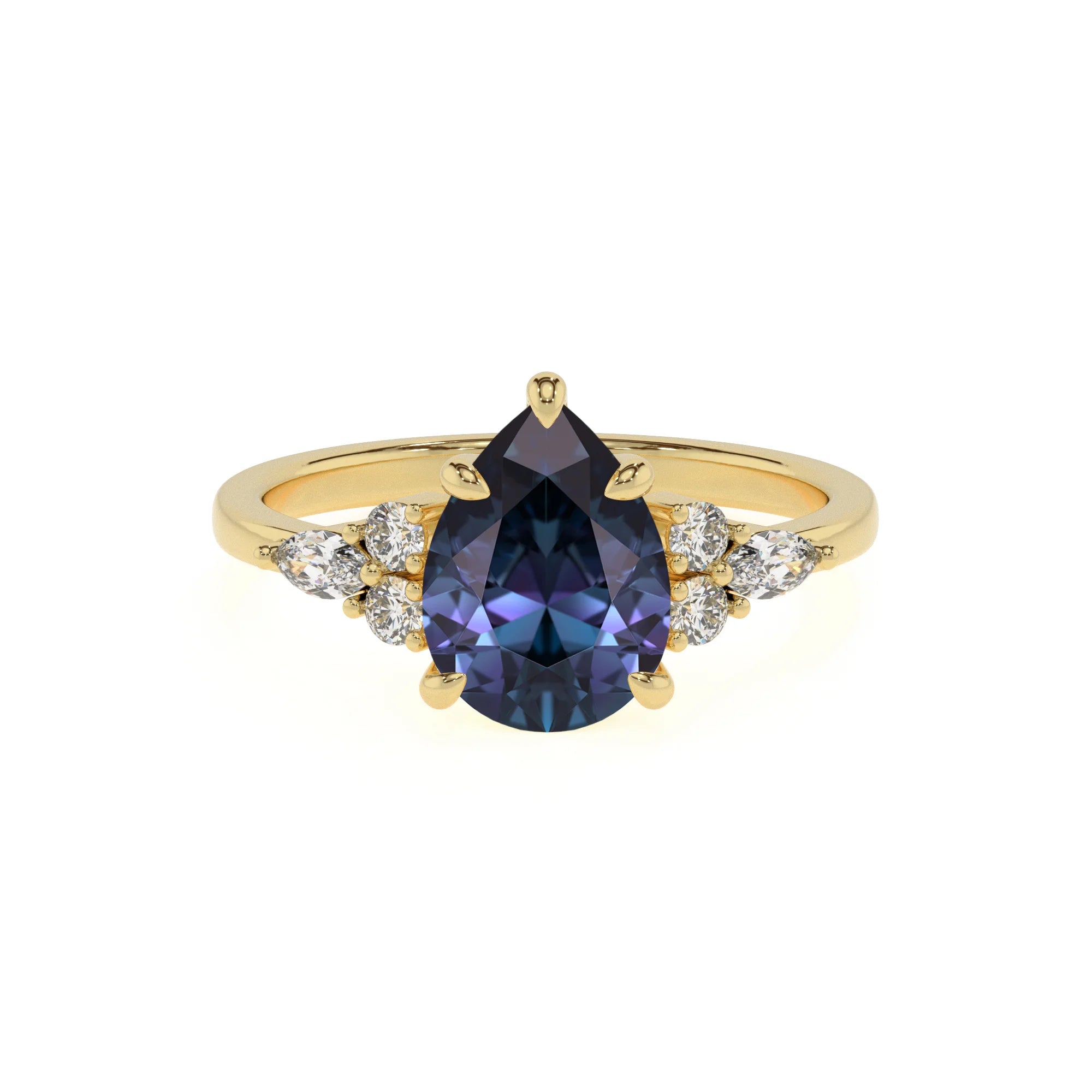 lab grown alexandrite pear solitaire rings in yellow gold