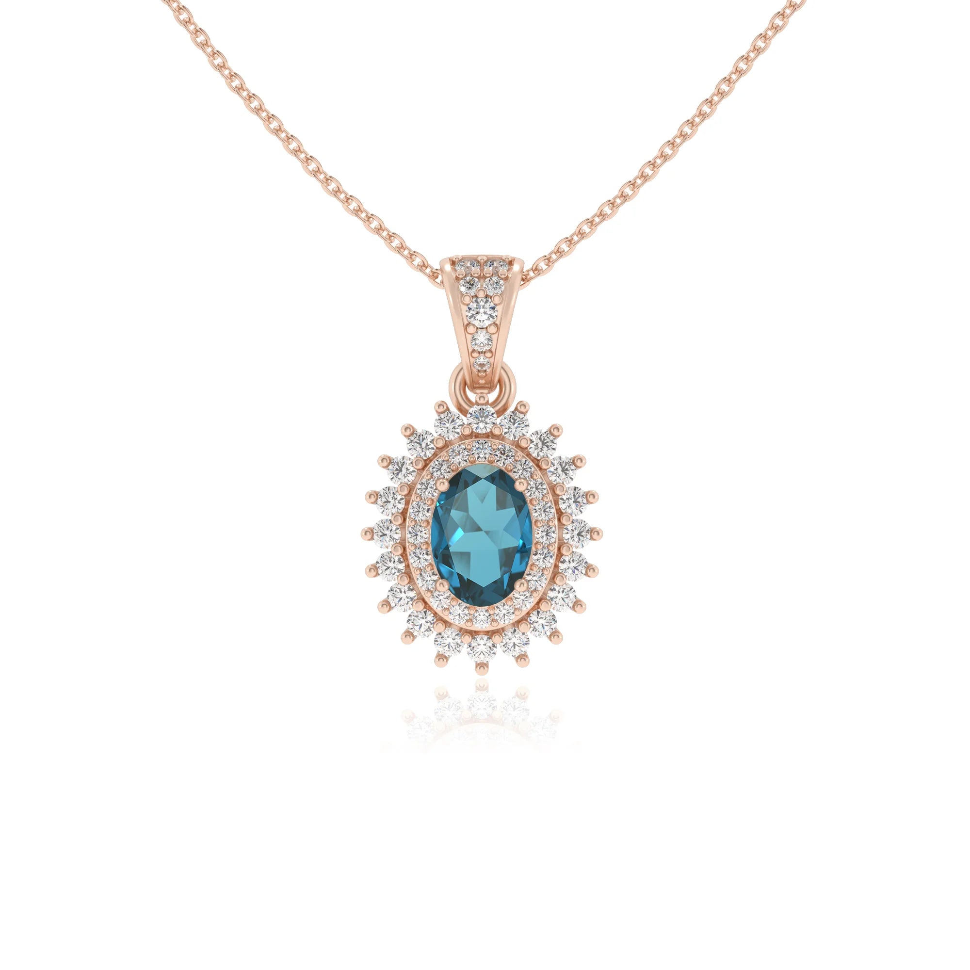 natural london-blue-topaz oval halo necklaces in rose gold