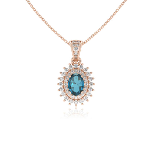 natural london-blue-topaz oval halo necklaces in rose gold