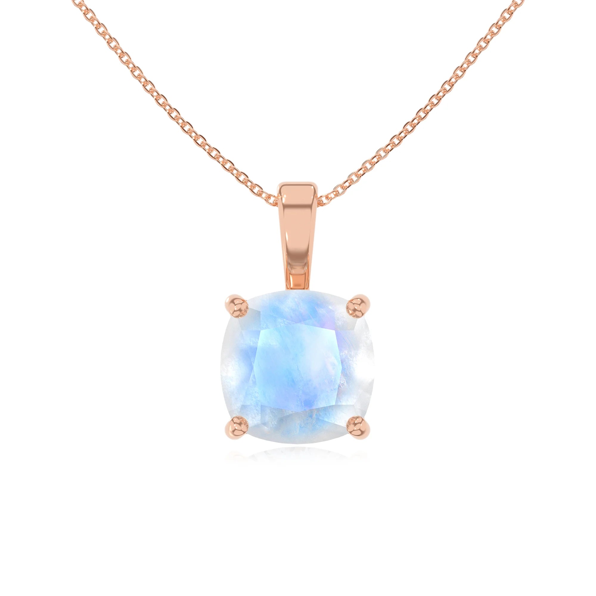 natural rainbow-moonstone cushion solitaire necklaces in rose gold