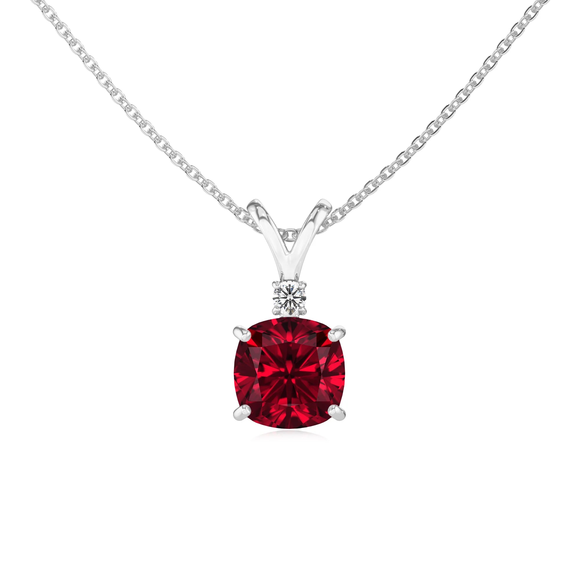 lab grown ruby cushion solitaire v-bale necklaces in platinum