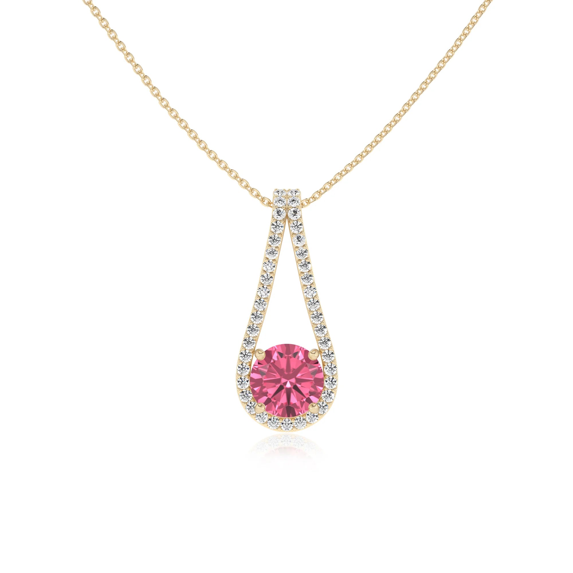lab grown pink-tourmaline round solitaire v-bale necklaces in yellow gold